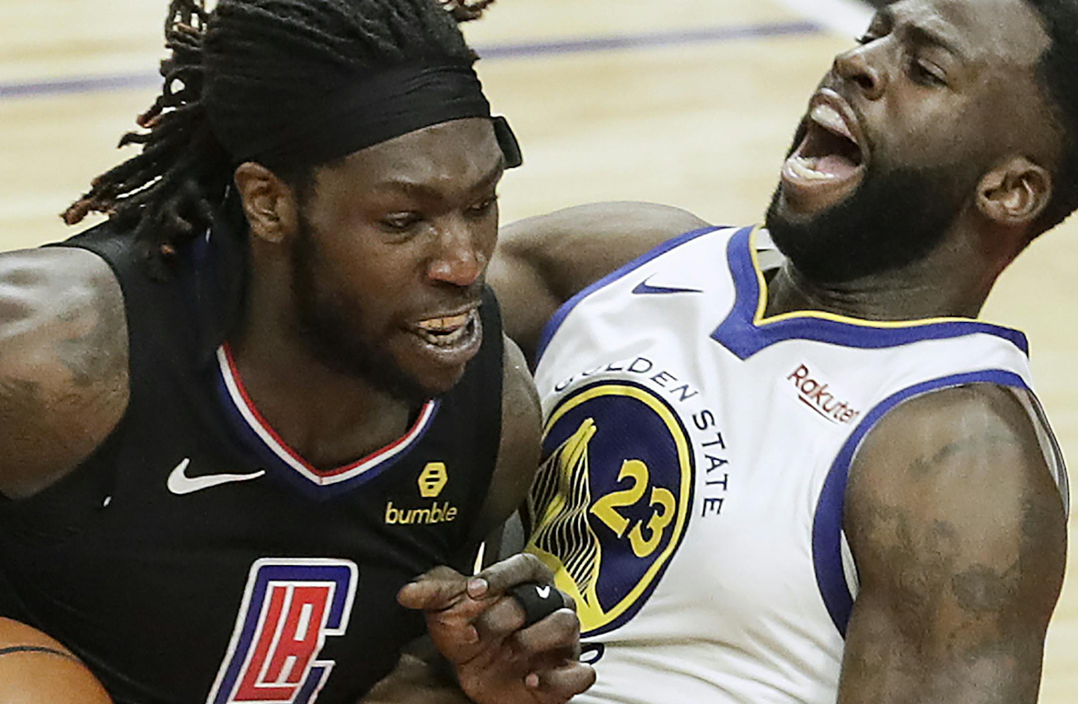 Montrezl Harrell (5) and the Los Angeles Clippers will try to force their will on Draymond Green (23) and the Golden State Warriors in Game 5 to avoid playoff elimination. (Robert Gauthier/Los Angeles Times/TNS)