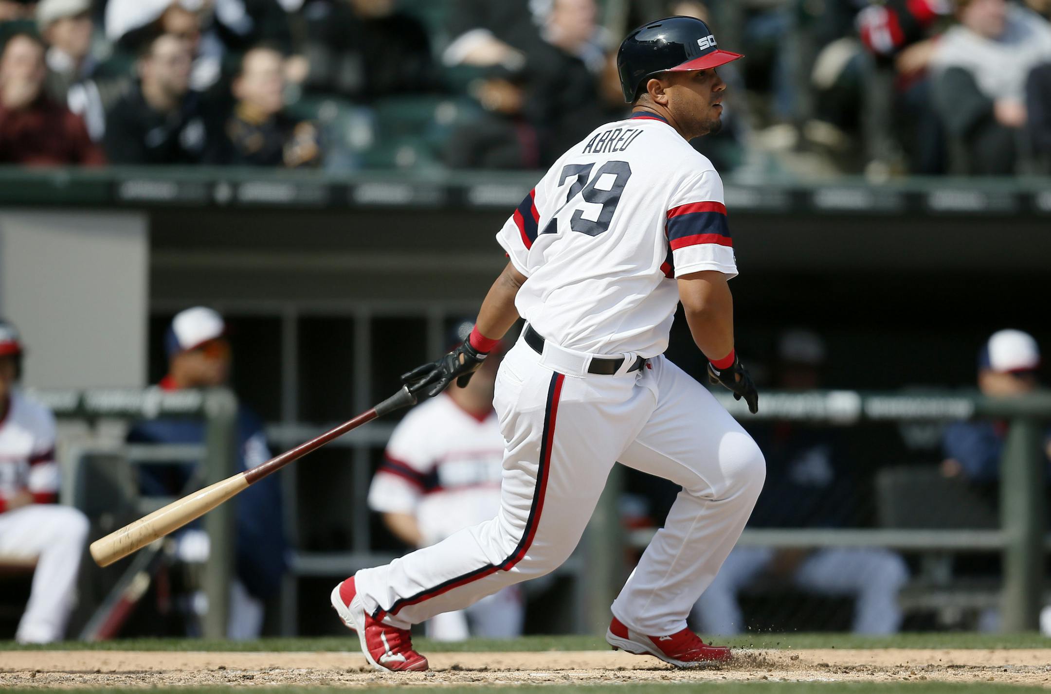 Chicago White Sox's Jose Abreu watches his two-RBI single against the Tampa Bay Rays during the seventh inning of a baseball game, Sunday, April 27, 2014, in Chicago. (AP Photo/Andrew A. Nelles)
