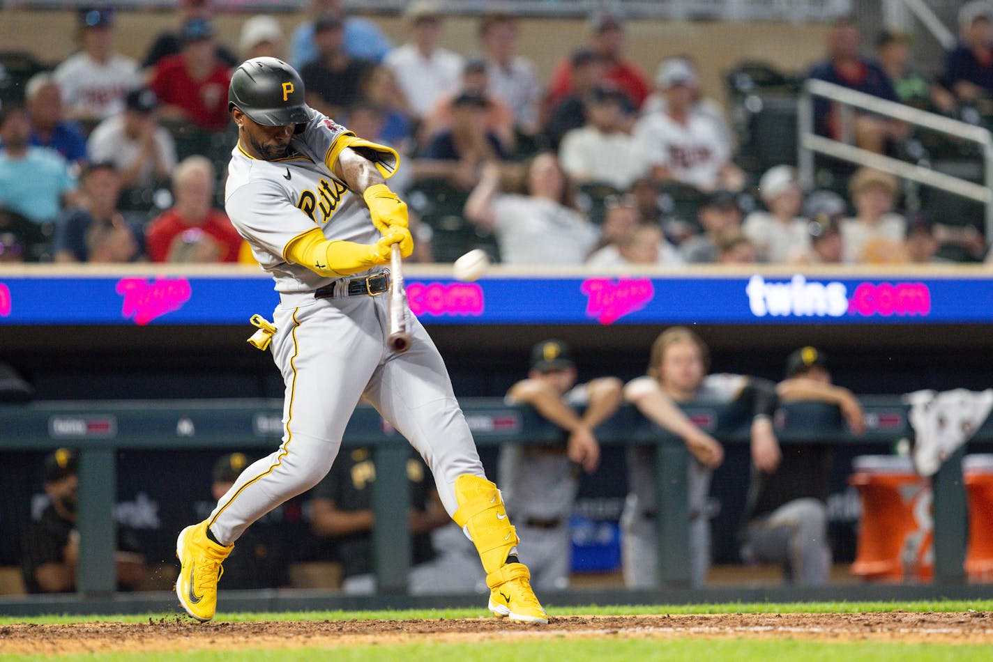 Pittsburgh Pirates' Andrew McCutchen hits a three-run home run against Minnesota Twins relief pitcher Jordan Balazovic in the ninth inning of a baseball game Saturday, Aug. 19, 2023, in Minneapolis. (AP Photo/Bailey Hillesheim)