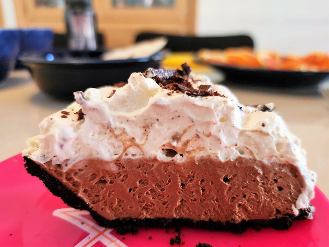 Put your own touches on French Silk Pie. Here the homage to Bakers Square is made with an Oreo crust.
