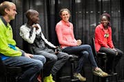 10-milers Josh Dedering, Sam Chelanga, Gwen Jorgensen and Aliphine Tuliamuk at the Twin Cities Marathon press conference. ] GLEN STUBBE * gstubbe@star