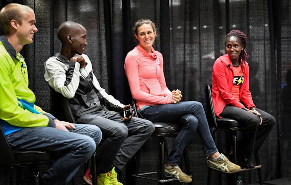10-milers Josh Dedering, Sam Chelanga, Gwen Jorgensen and Aliphine Tuliamuk at the Twin Cities Marathon press conference. ] GLEN STUBBE * gstubbe@star