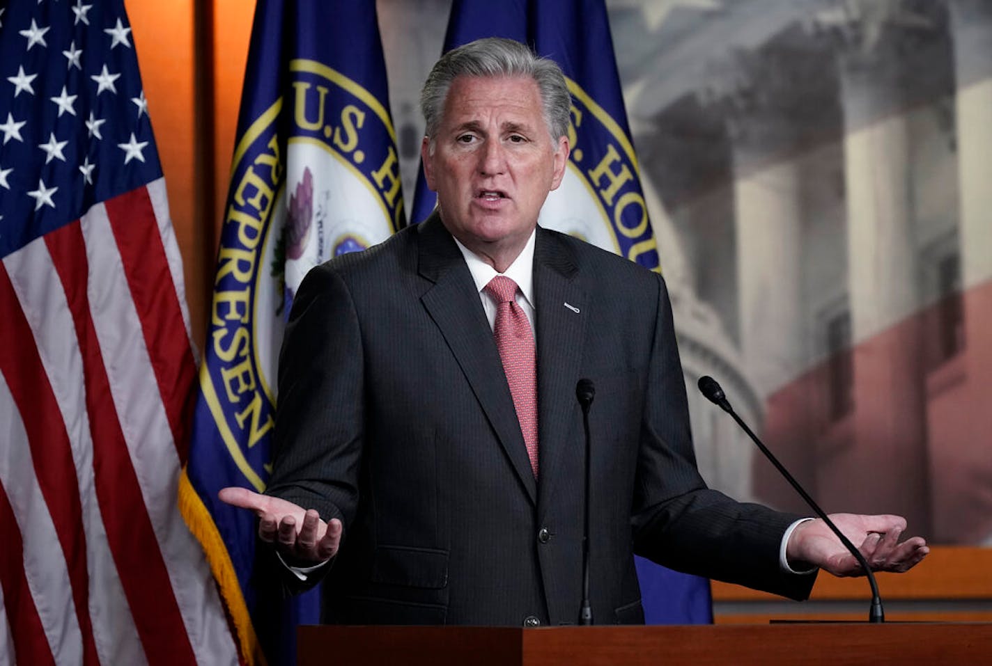 House Minority Leader Kevin McCarthy, R-Calif., talks about House Republicans and how they fared in the election, during a news conference Thursday on Capitol Hill.