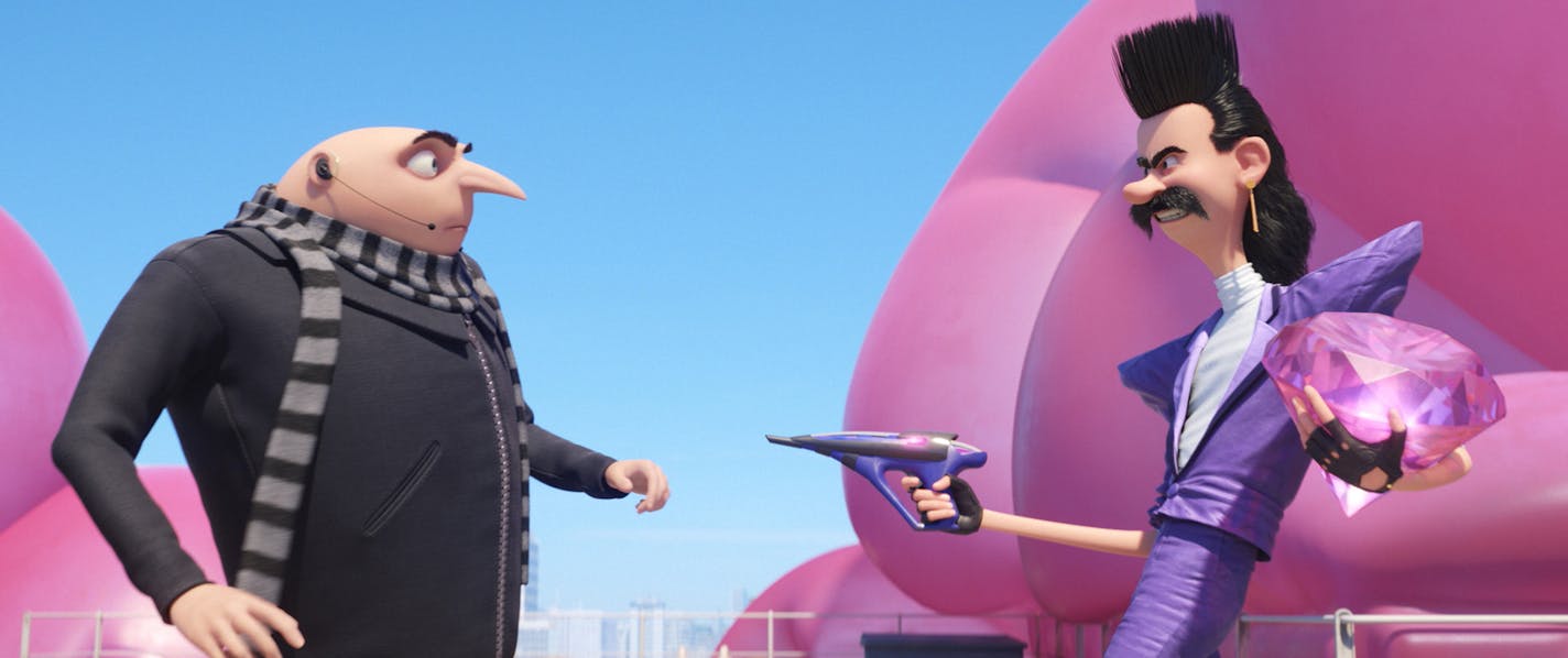 This image released by Illumination and Universal Pictures shows characters Gru, voiced by Steve Carell, left, and Balthazar Bratt, voiced by Trey Parker, in a scene from "Despicable Me 3." (Illumination and Universal Pictures via AP)