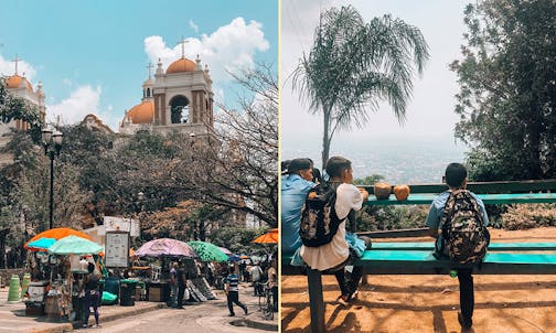 Left: In Parque Central in San Pedro Sula, Honduras, vendors sell items including avocados, chicharron, cellphone cases and shoes.Right: A group of boys relaxed with fresh, cold coconuts in the park atop Rotulo Coca Cola, a peak overlooking San Pedro Sula.