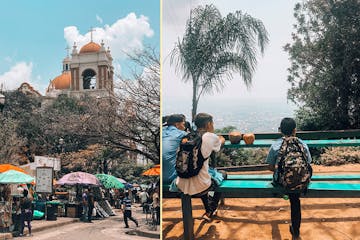 Left: In Parque Central in San Pedro Sula, Honduras, vendors sell items including avocados, chicharron, cellphone cases and shoes.Right: A group of bo