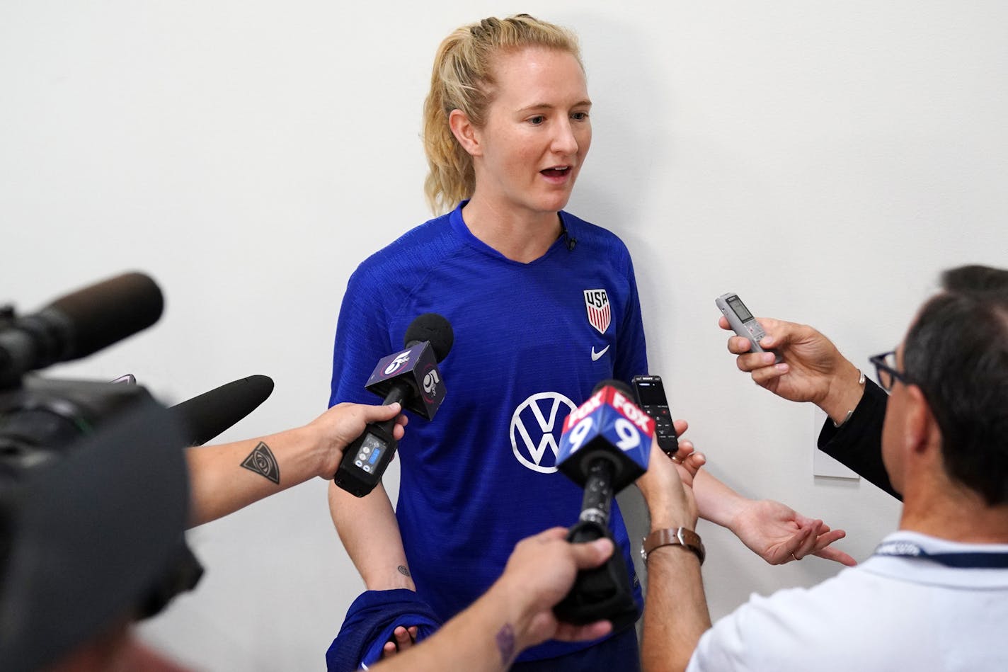 U.S. Women's National Soccer Team midfielder Samantha Mewis took questions from reporters as she and her teammates joined the Minnesota Lynx for a portion of practice Saturday.