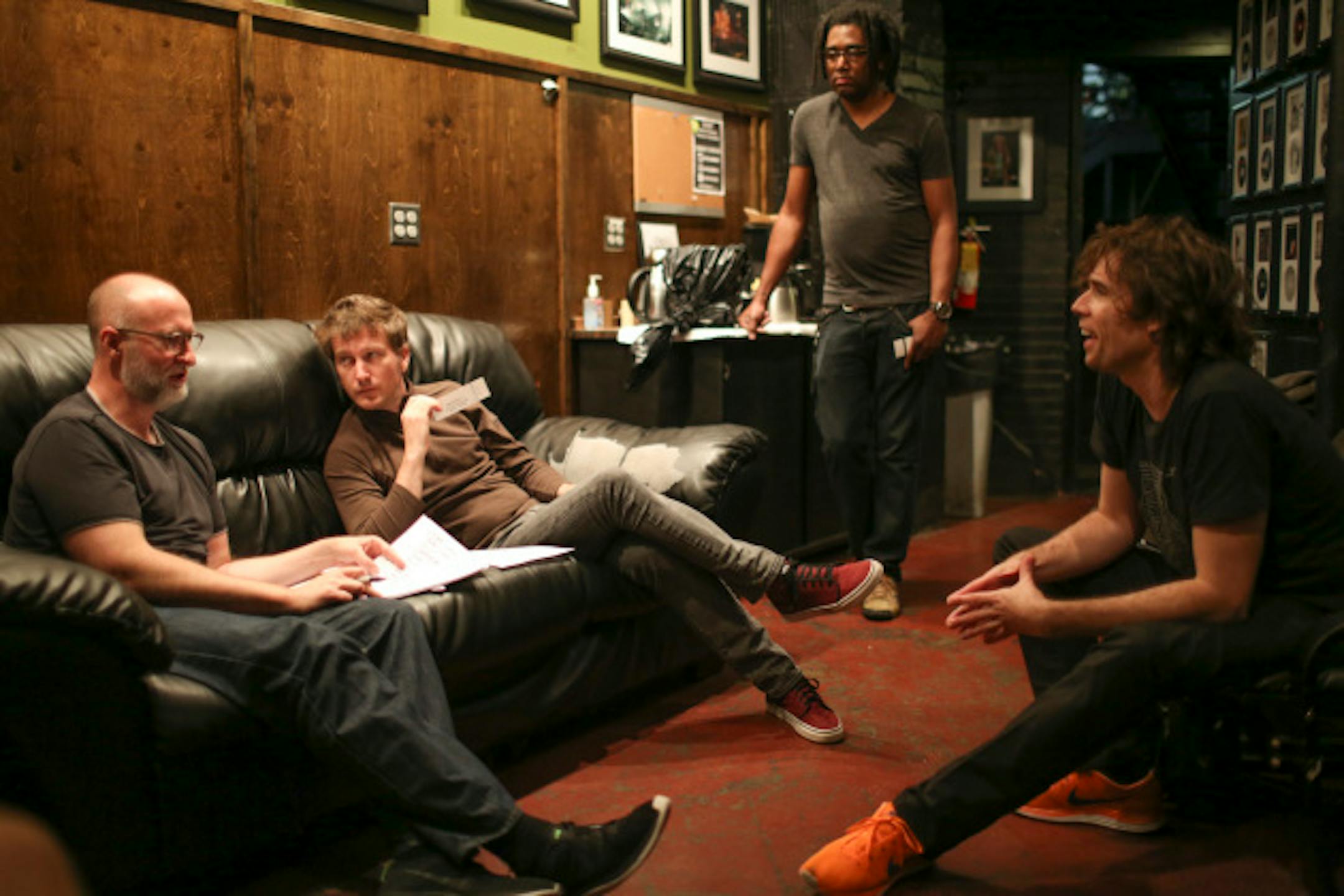 Mould hashed out Sunday's two-part set list with bassist Jason Narducy (on couch) and drummer Jon Wurster (seated, right), both of whom have their say in the selections. / Jeff Wheeler, Star Tribune