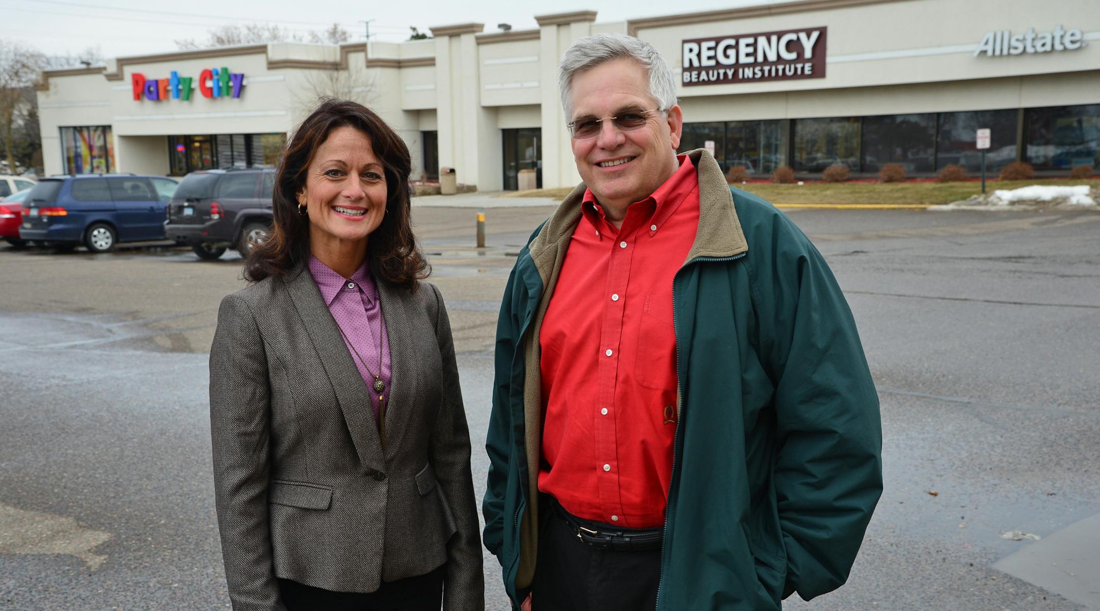 Anita Johnson Commercial real estate broker with Christianson & Co and Tom Schuette Property Manager of Azure stand near the site of the future home of 40,000-square-foot Hobby Lobby to fill some space that has been vacant for three years at Plaza 3000 Shopping Center Plaza 3000 Shopping Center Maplewood, Minn. Monday 3/31/2014 Richard.Sennott@startribune.com Richard Sennott/Star Tribune Maplewood, Minn. Monday 3/31/2014) ** (cq)