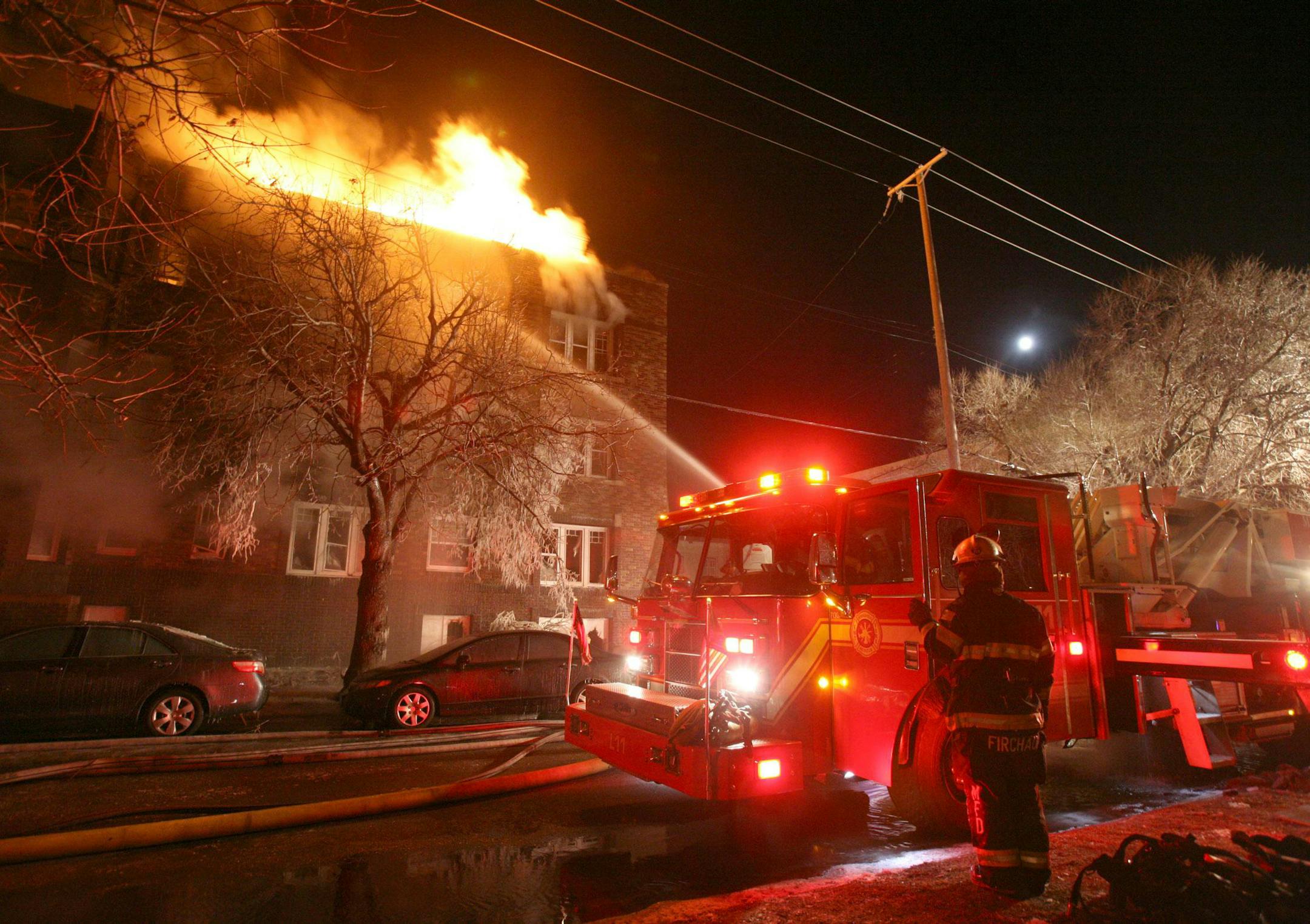 Early Friday a 3-alarm fire broke out at the St. George Aparments, a three-story brick building on 17th St. East, between 2nd and Stevens Avenues forcing dozens of residents from their apartments.