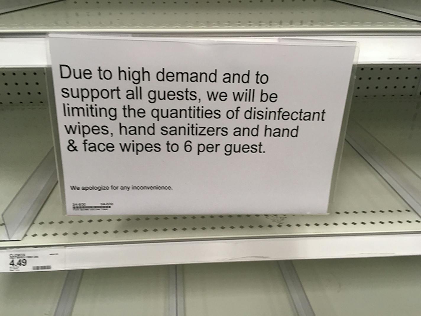 Disinfectant wipes, hand sanitizers, as well as hand and face wipes were all out on the shelves at the downtown Minneapolis Target. Target is limiting the number of hand sanitizer and other disinfectants people can buy at one time.] RICHARD TSONG-TAATARII &#x2022; richard.tsong-taatarii@startribune.com