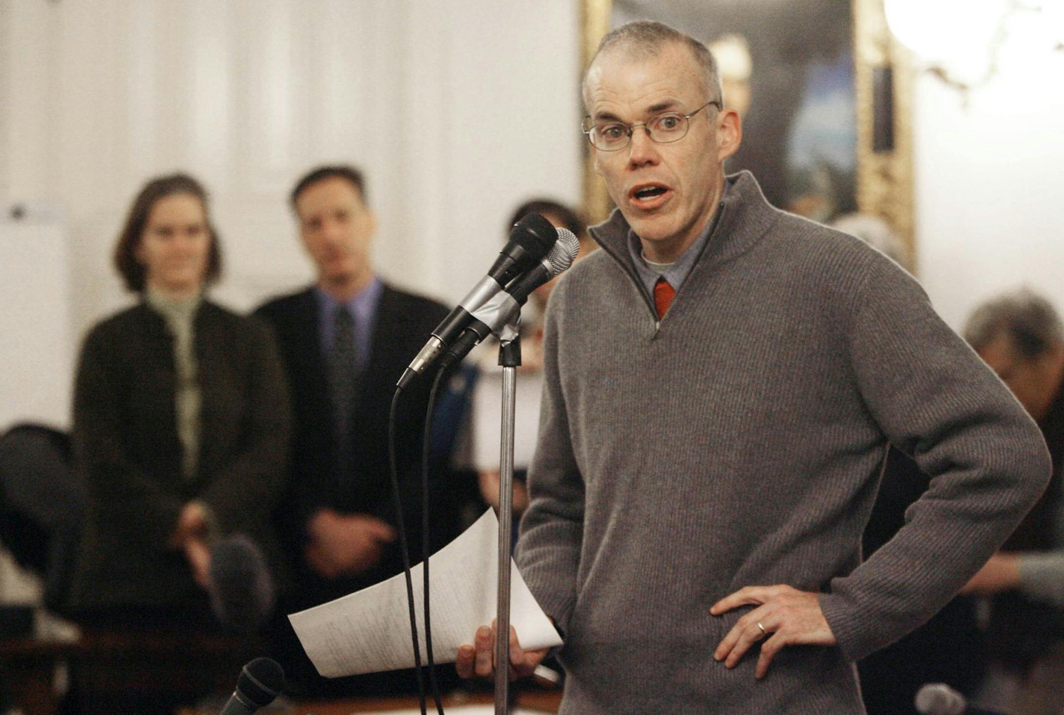 Bill McKibben, an environmental author and professor at Middlebury College, speaks to lawmakers in Montpelier, Vt., Wednesday, Jan. 10, 2007. McKibben accompanied 40 middle school students Wednesday to the Statehouse, through the woods of a neighboring community on the way, he and lawmakers hoped, toward the future. (AP Photo/Toby Talbot) ORG XMIT: MIN2013021919220830