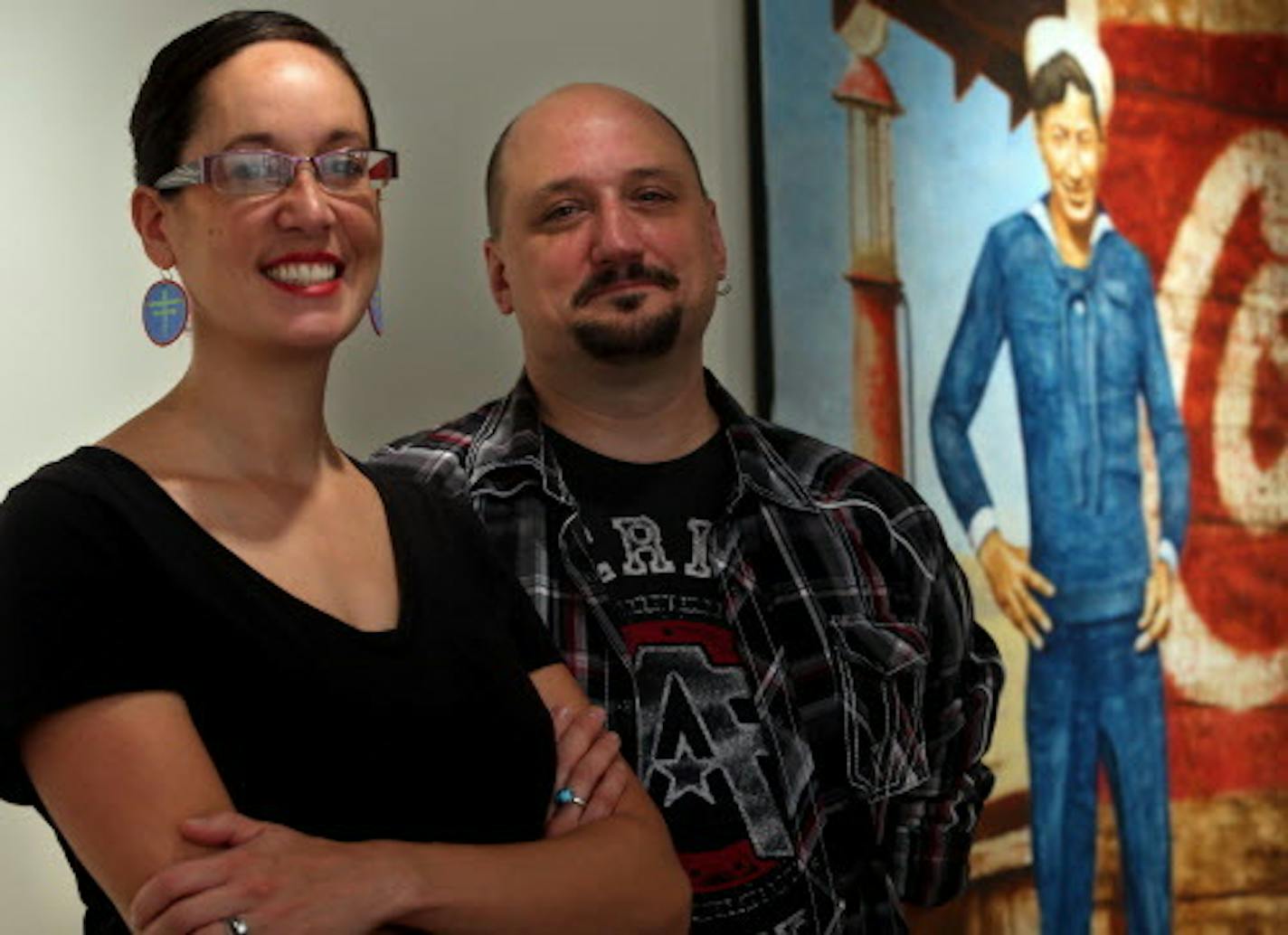 Dyani Whitehawk, a Minneapolis artist and director of All My Relations Gallery (left) and Native American artist Greg Bellanger in Minneapolis MN on September 25, 2013.   ] JOELKOYAMA•joel koyama@startribune