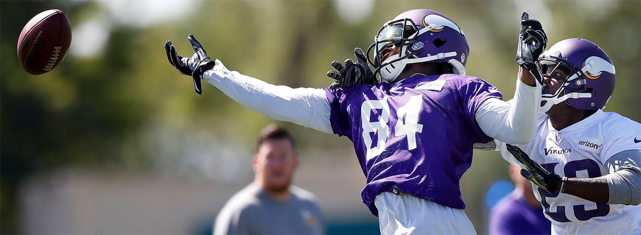Cordarrelle Patterson (84) was defended by Terence Newman (23) during the afternoon practice on the first day of training camp in Mankato.