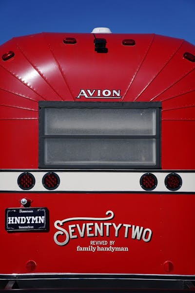 Family Handyman magazine remodeled this 1972 Avion Voyageur camper, and added a custom decal on the back.