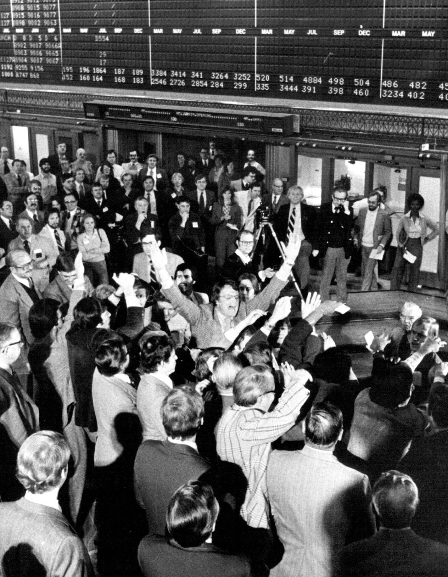 Traders worked the pit with vocal calls and hand signals at the Minneapolis Grain Exchange in 1984 in downtown Minneapolis.