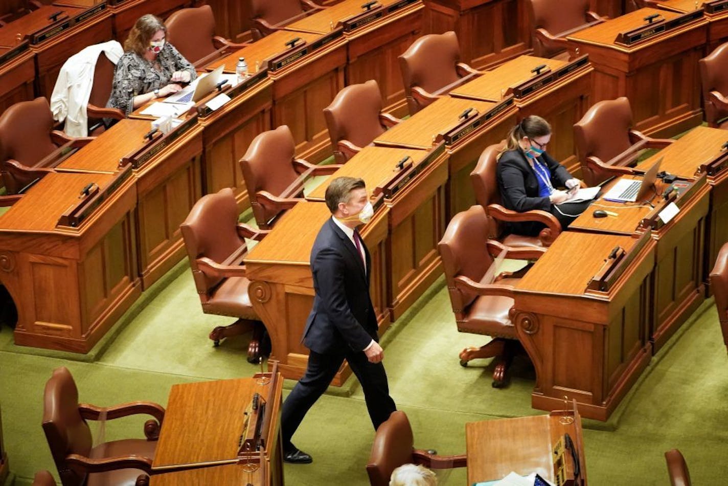 House Majority Leader Ryan Winkler, DFL-Golden Valley walked into the House Chamber wearing a mask on Sunday, May 17. All the DFL legislators choose to wear a mask on the House floor and all the Republican legislators who were present on Sunday chose not to wear masks on the floor.