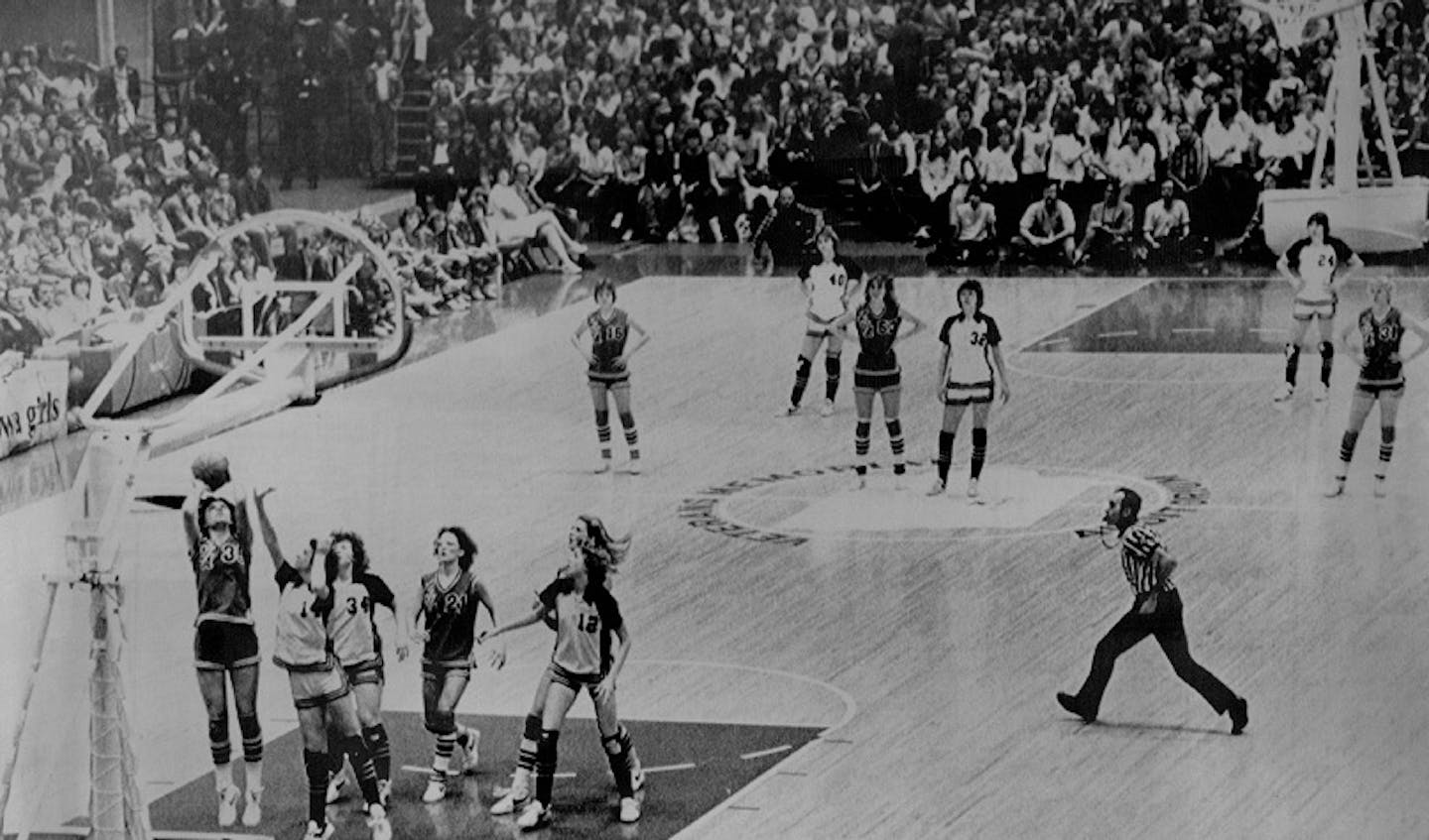 Iowa girls have played organized basketball since 1925. The six-on-six format, shown here during the 1981 state tournament, was still being played into the 1980s.