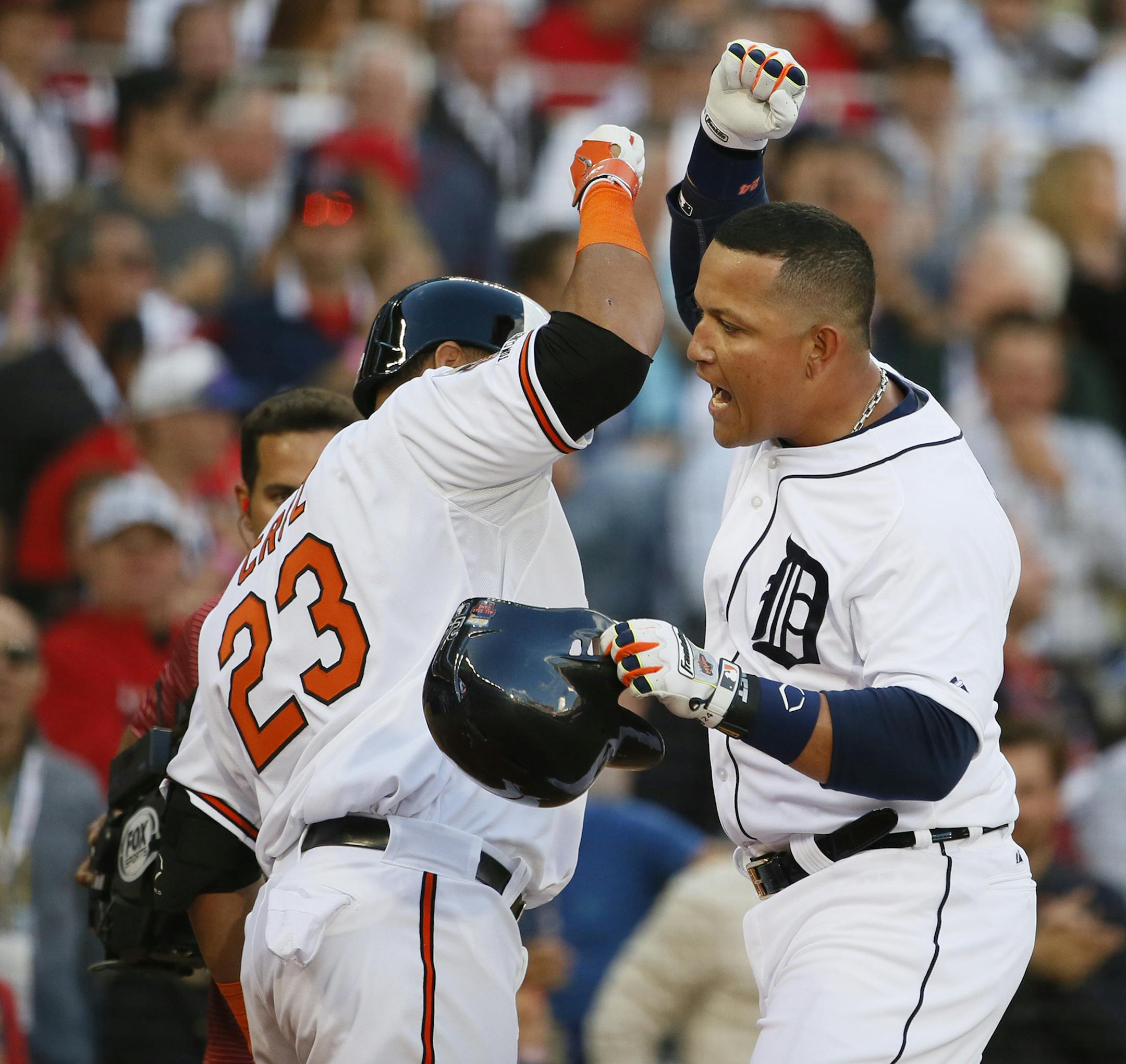 Miguel Cabrera, 1B, Detroit Tigers celebrates with Nelson Cruz, DH, Baltimore Orioles after his first inning Home run during Tuesday night All Star Game at Target Field July 15, 2014 in Minneapolis, MN. ] Jerry Holt Jerry.holt@startribune.com