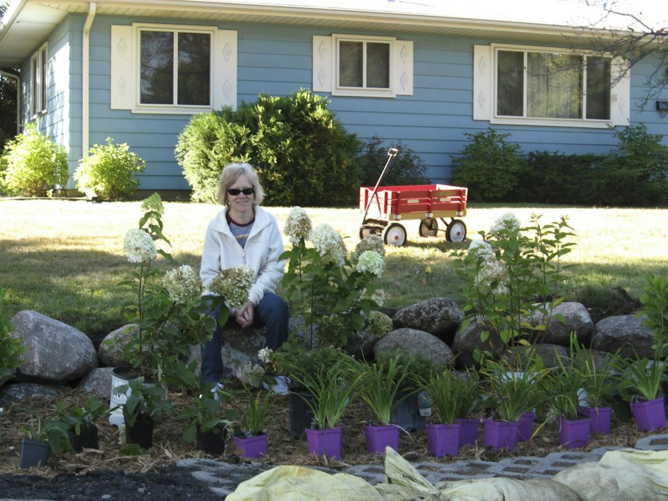Ellen Fike of Inver Grove Heights in her new rain garden. Fike will plant and maintain the garden, which the city paid for and built.