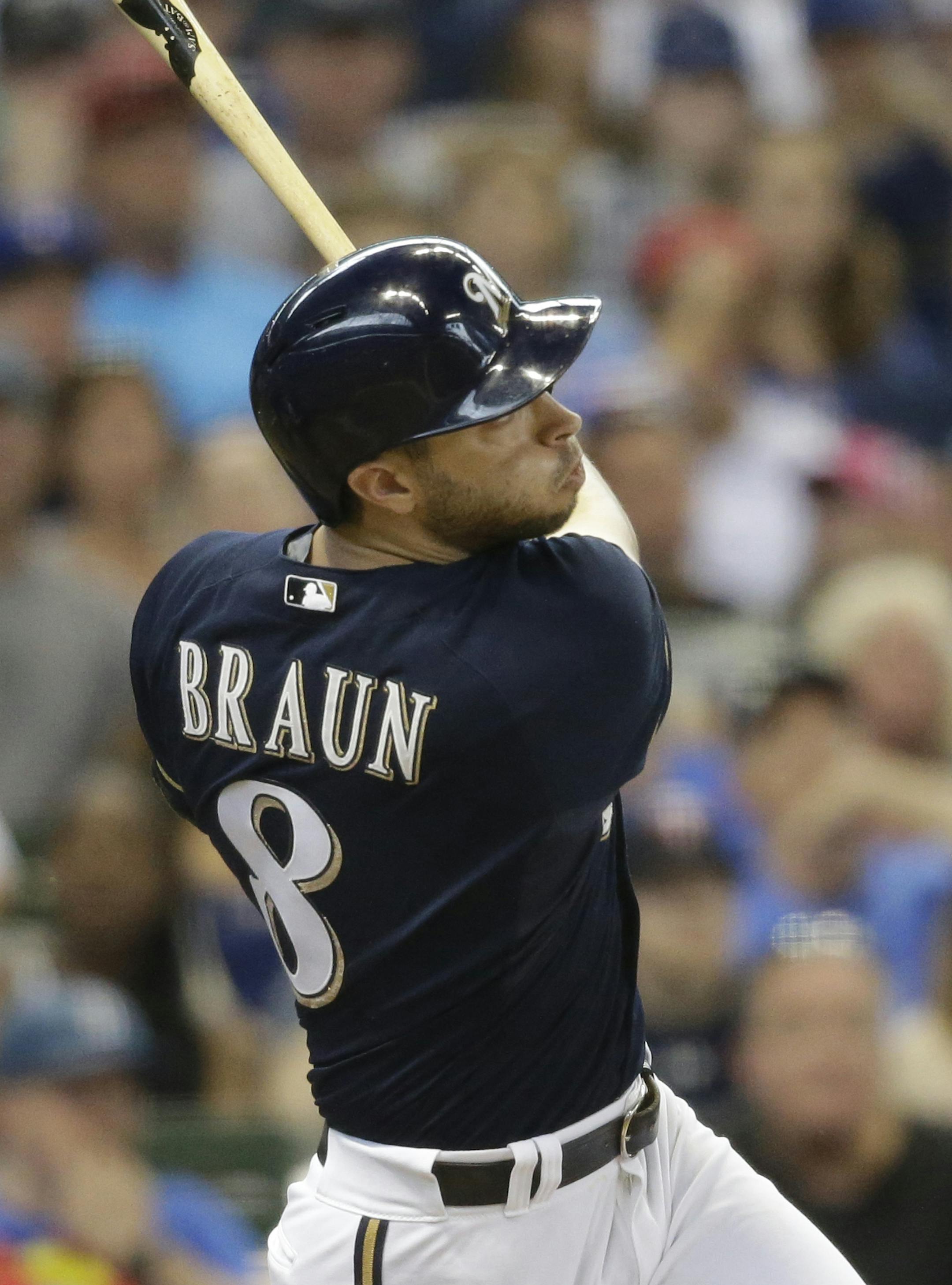 Milwaukee Brewers' Ryan Braun watches his two-run home run against the Minnesota Twins during the eighth inning of a baseball game Sunday, June 28, 2015, in Milwaukee. (AP Photo/Jeffrey Phelps)