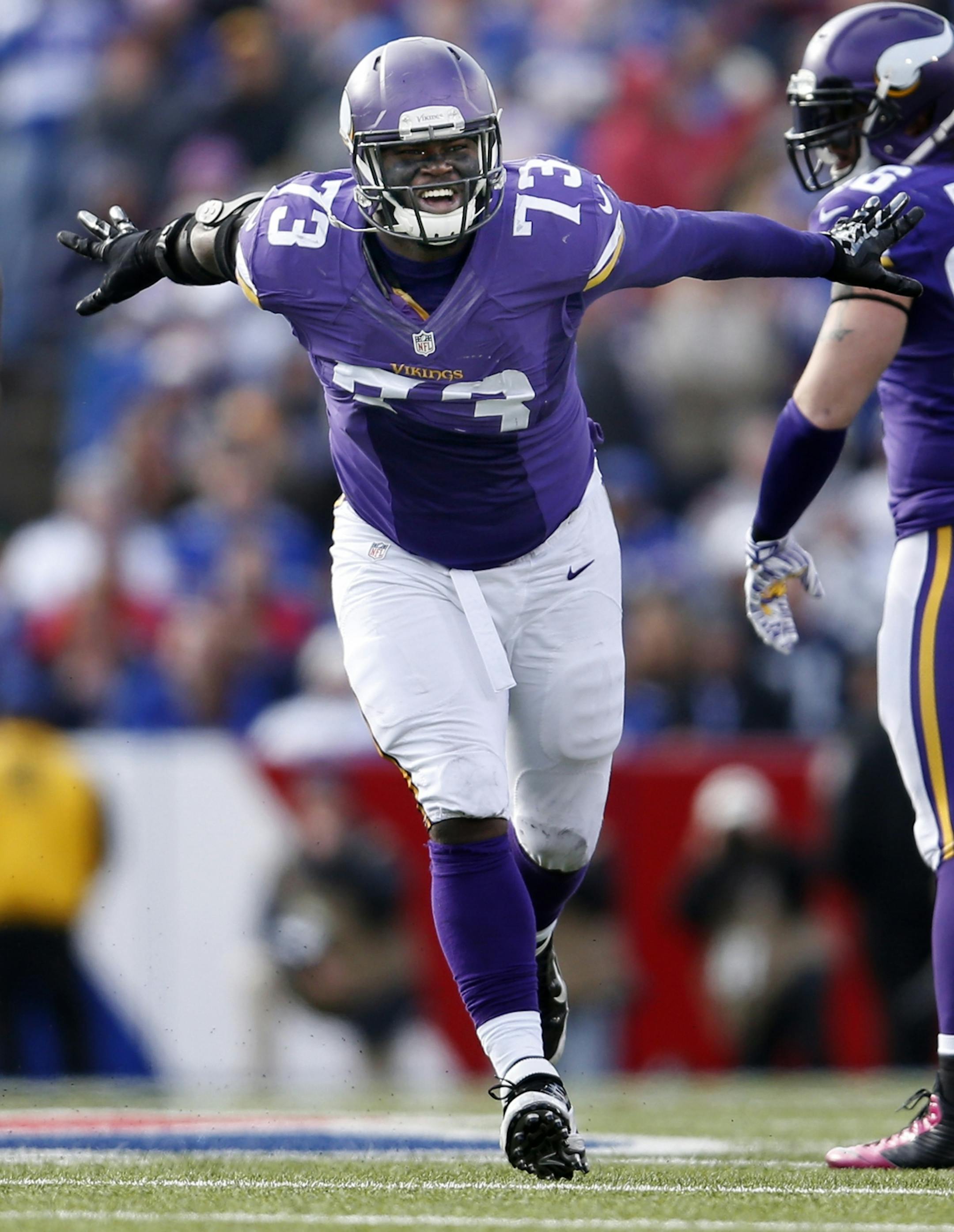 Sharrif Floyd (73) celebrated after a sack in the fourth quarter. Buffalo beat Minnesota by a final score of 17-16.