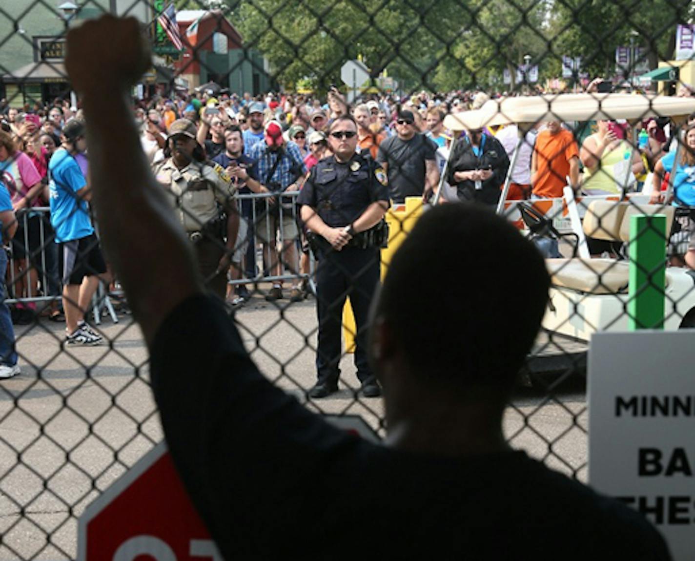 Black Lives Matter Reach and blocked the front gate of the Minnesota State Fair's on the first Saturday by assembling to deliver their message, Saturday, Aug. 29, 2015, in St. Paul.