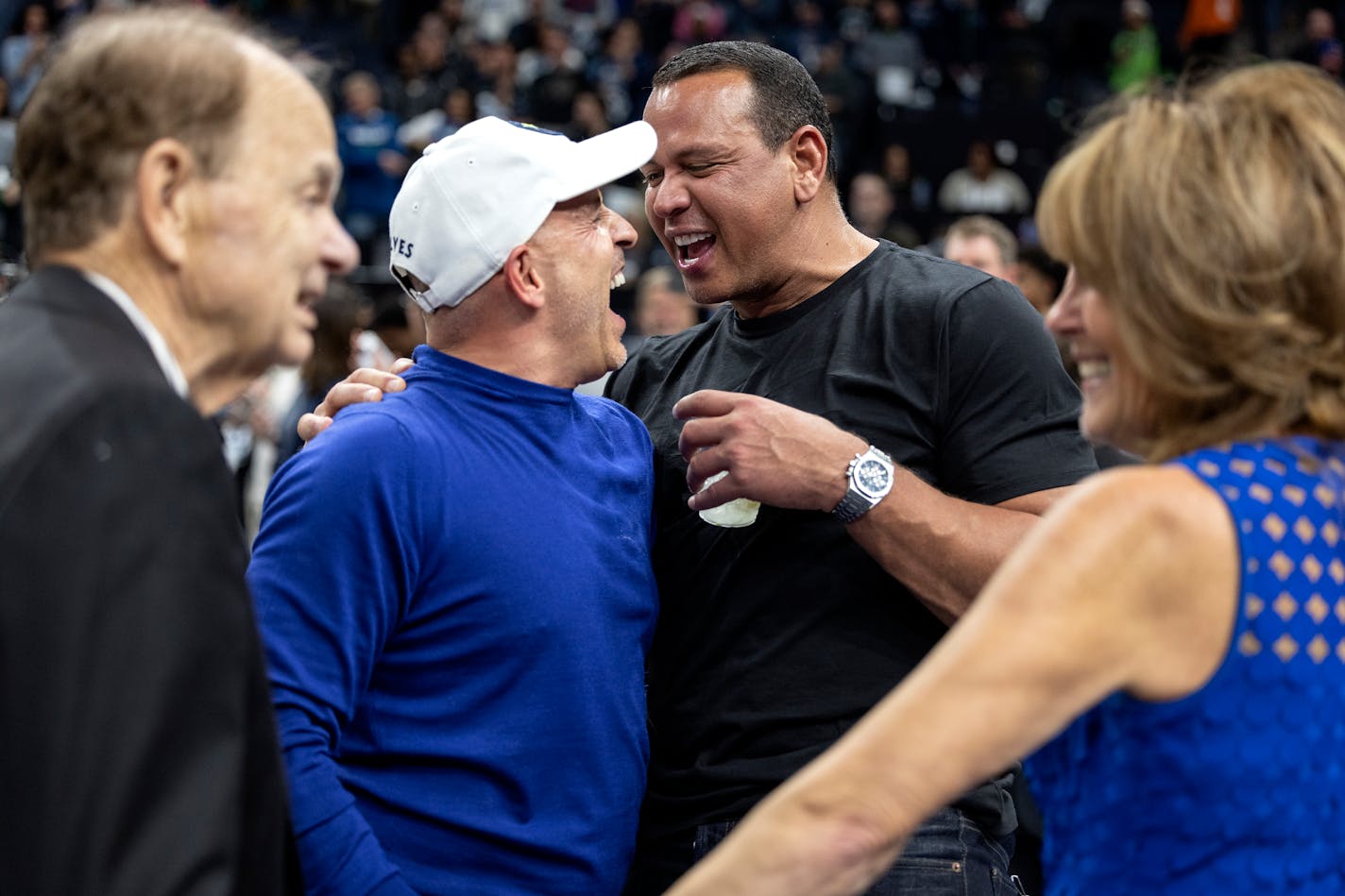 Marc Lore, Alex Rodriguez, Glen and Becky Taylor celebrate at the end of the game Tuesday, April 12, at Target Center in Minneapolis, Minn. ] CARLOS GONZALEZ • carlos.gonzalez@startribune.com