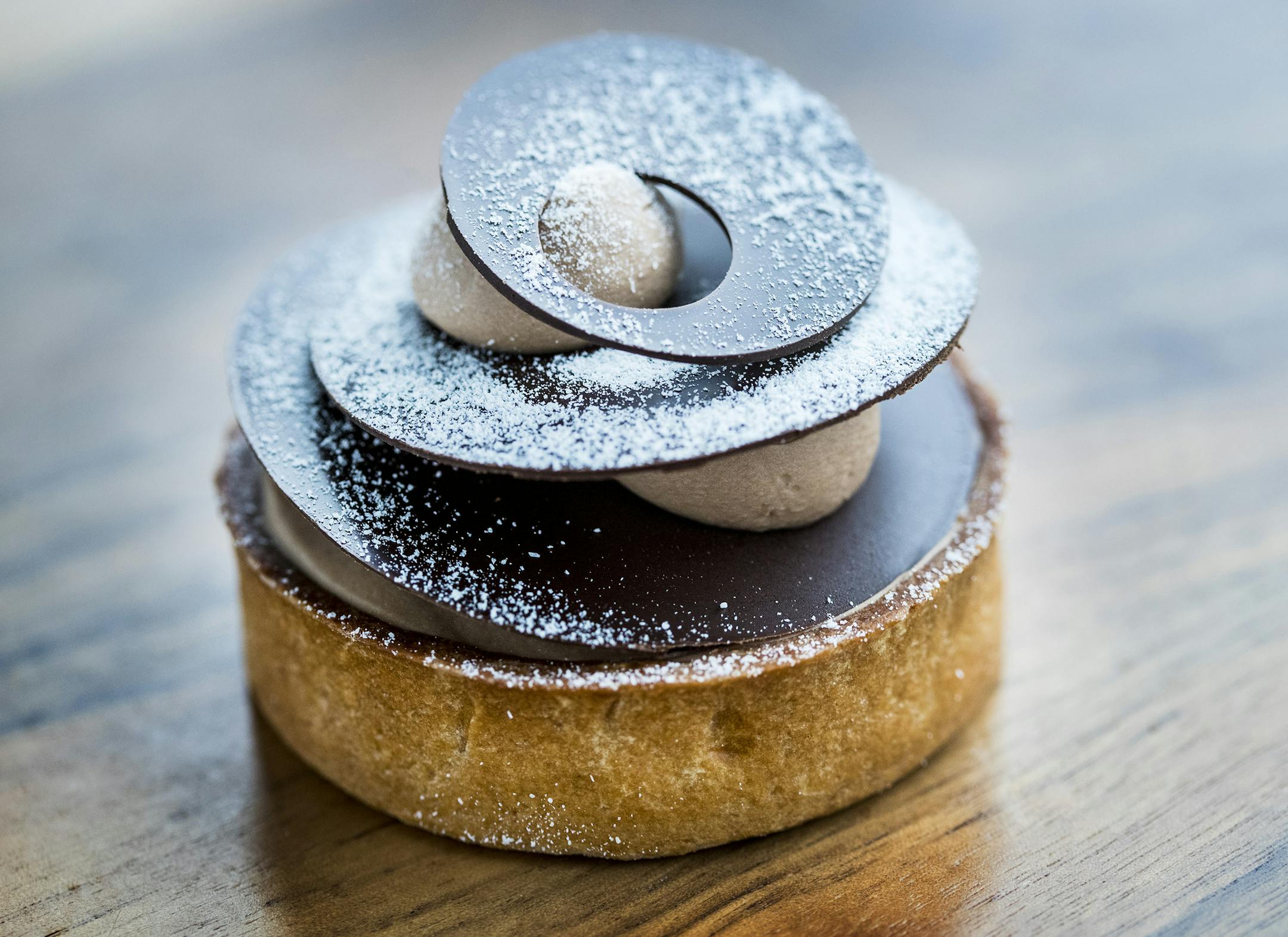 The "Tristan" at Rose Street Patisserie in Minneapolis, a tart composed of milk chocolate, Chantilly cream and salted caramel.