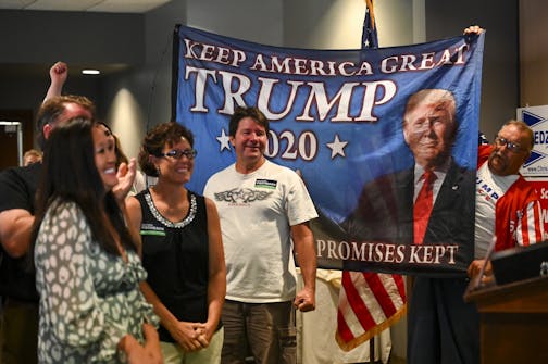 Minnesota GOP Chair Jennifer Carnahan was surrounded by cheering supporters of President Donald Trump as attendees of a GOP watch party recorded a video on Aug. 11 for the Republican National Convention, which starts Monday, Aug. 24.