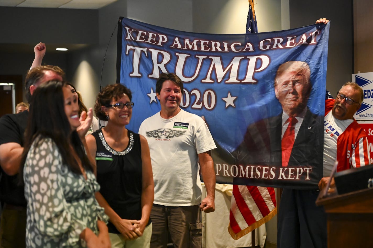 Minnesota GOP Chair Jennifer Carnahan was surrounded by cheering supporters of President Donald Trump as attendees of a GOP watch party recorded a video on Aug. 11 for the Republican National Convention, which starts Monday, Aug. 24.