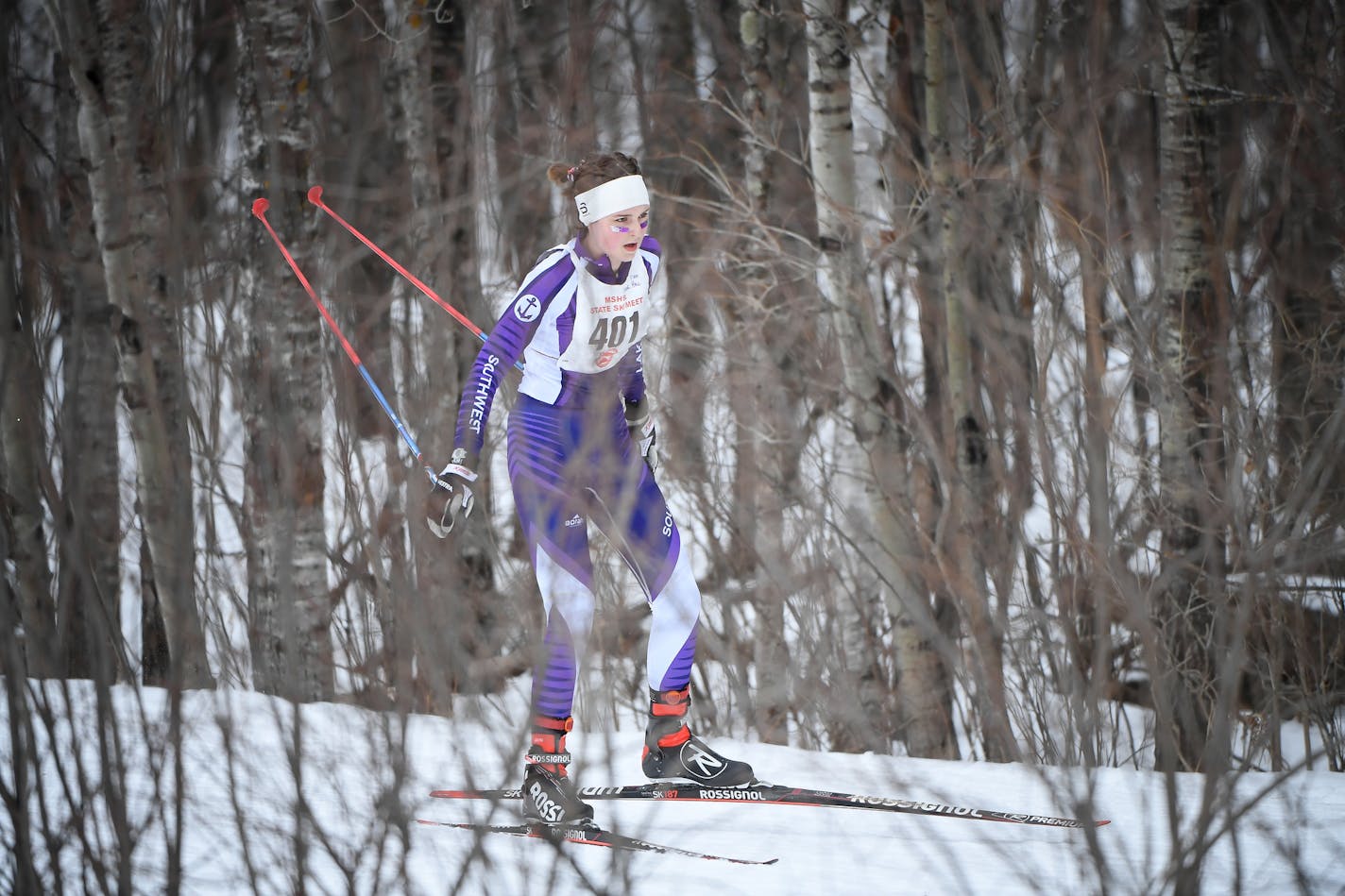 Minneapolis Southwest's Sudie Hall raced in the 20918 5K freestyle event of the cross country skiing state meet Thursday. Photo: AARON LAVINSKY • aaron.lavinsky@startribune.comT