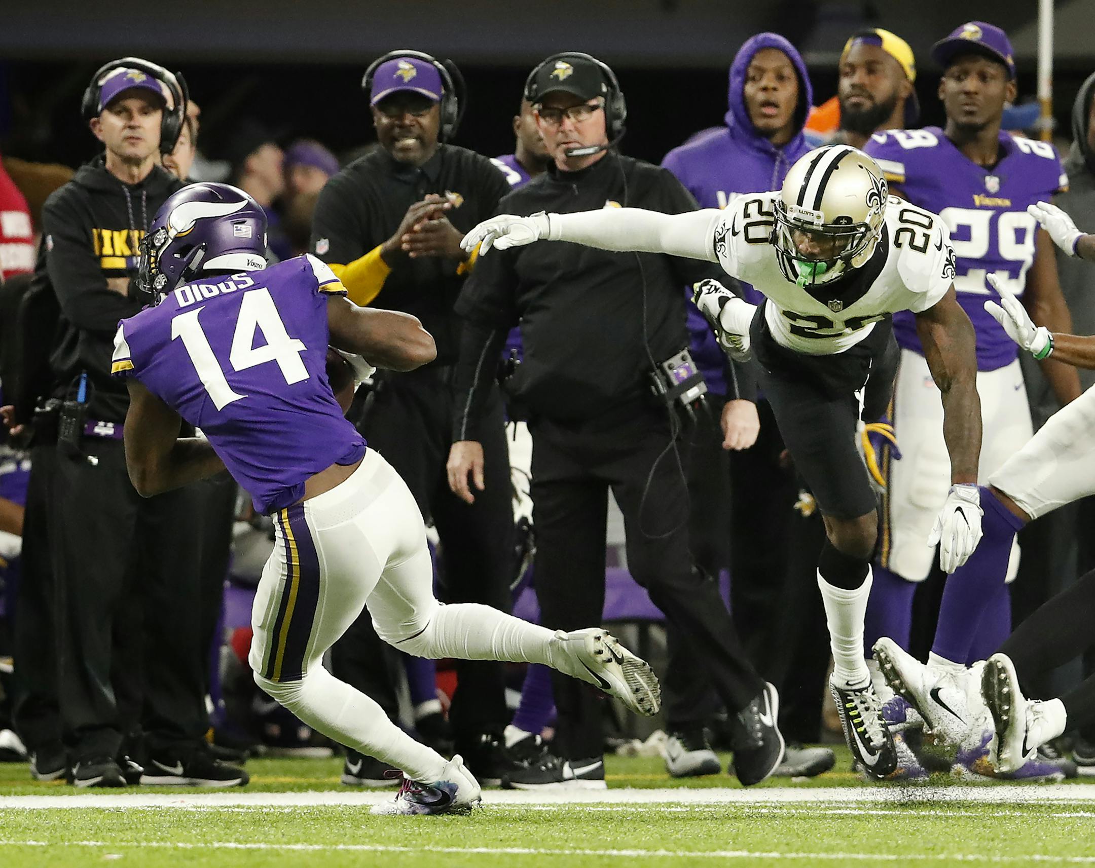 Stefon Diggs scored on the 'Minneapolis Miracle' play that beat the Saints in the NFc playoffs last month. ] CARLOS GONZALEZ • cgonzalez@startribune.com - Minneapolis, MN - January 14 2018, US Bank Stadium, NFL, NFC Divisional Playoff, Minnesota Vikings vs. New Orleans Saints ORG XMIT: MIN1801150840303887
