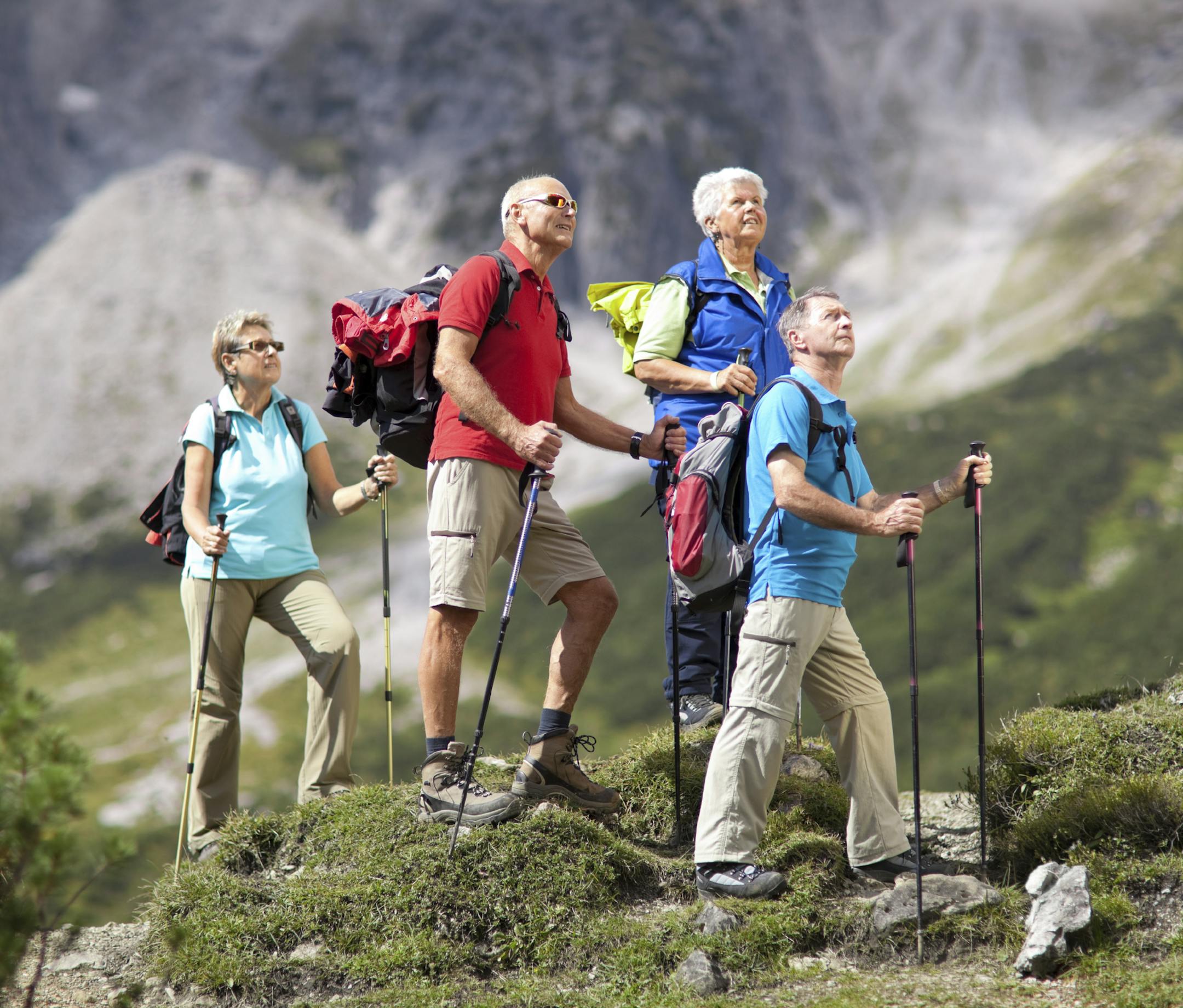 four senior hikers on sunny day in austrian alps watching