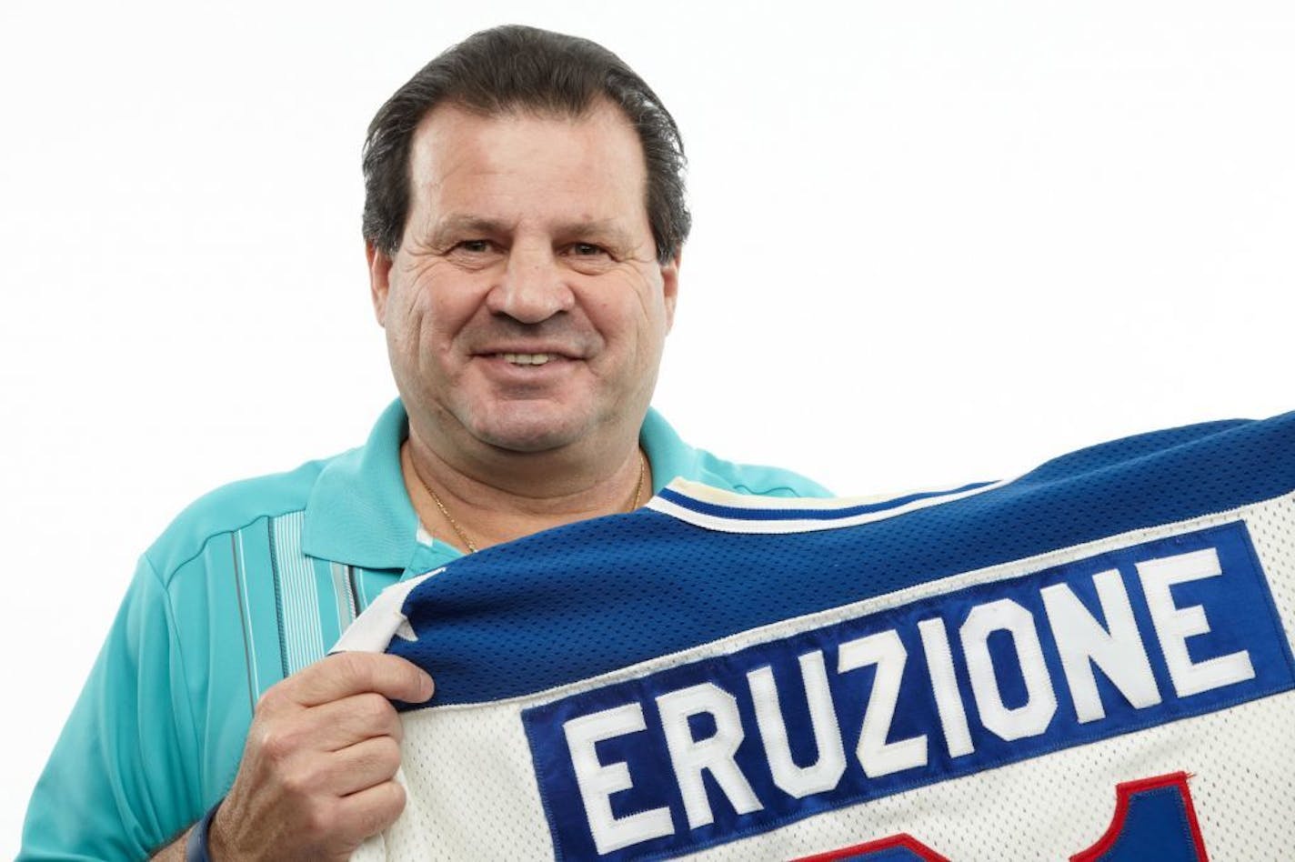 Former United States Olympic hockey player Michael Eruzione in Dallas with a jersey from his team's sensational win against the Soviet Union hockey team at the 1980 Winter Olympics.