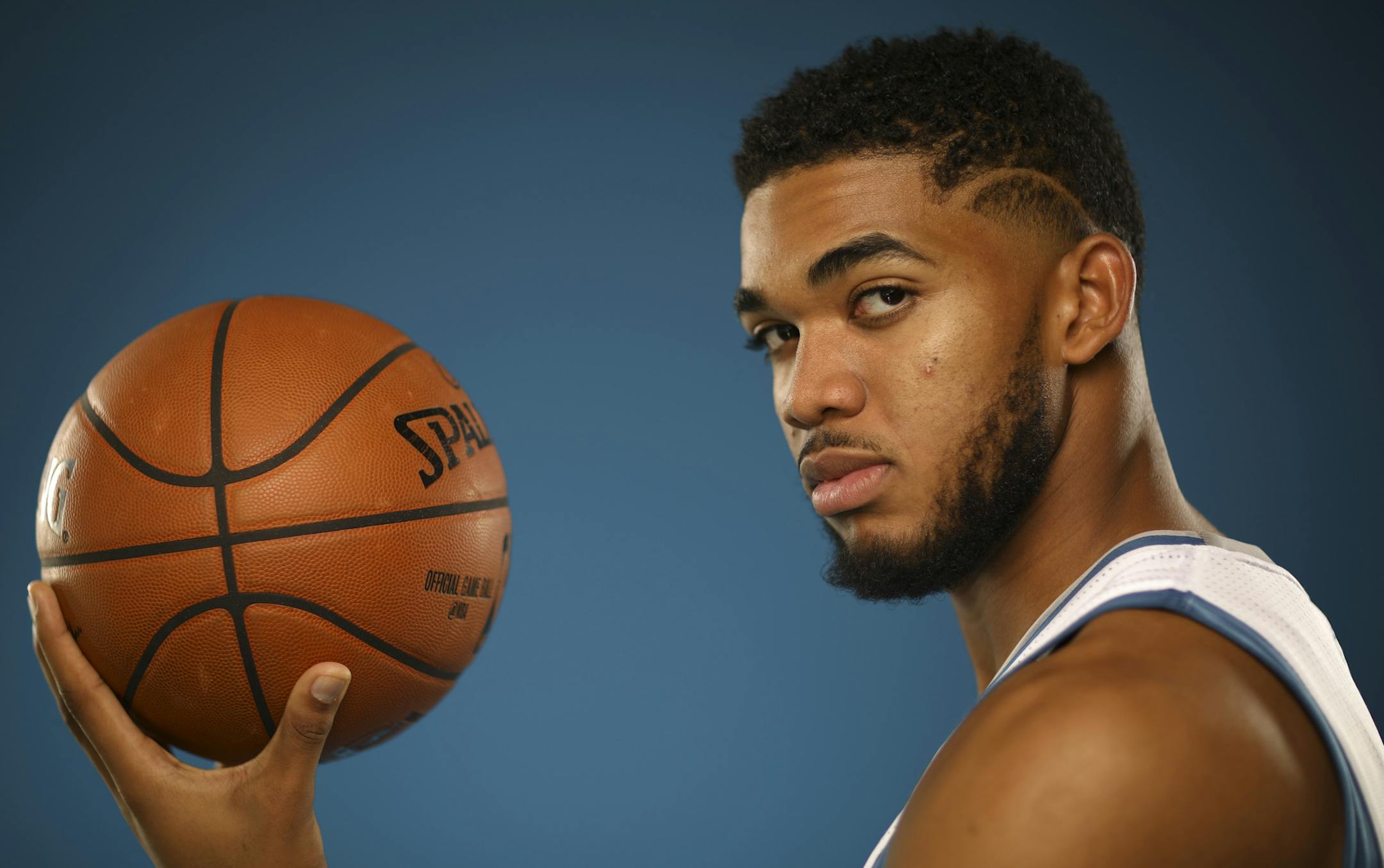Timberwolves center Karl-Anthony Towns during a portrait session at Media Day Monday afternoon. ] JEFF WHEELER &#xef; jeff.wheeler@startribune.com The Minnesota Timberwolves held their Media Day Monday afternoon, September 26, 2016 at Mayo Clinic Square in Minneapolis.