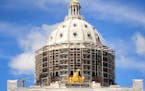 Scaffolding around the Capitol dome. ] GLEN STUBBE * gstubbe@startribune.com , Tuesday, May 19, 2015 Crews wasted no time clearing out furniture and a