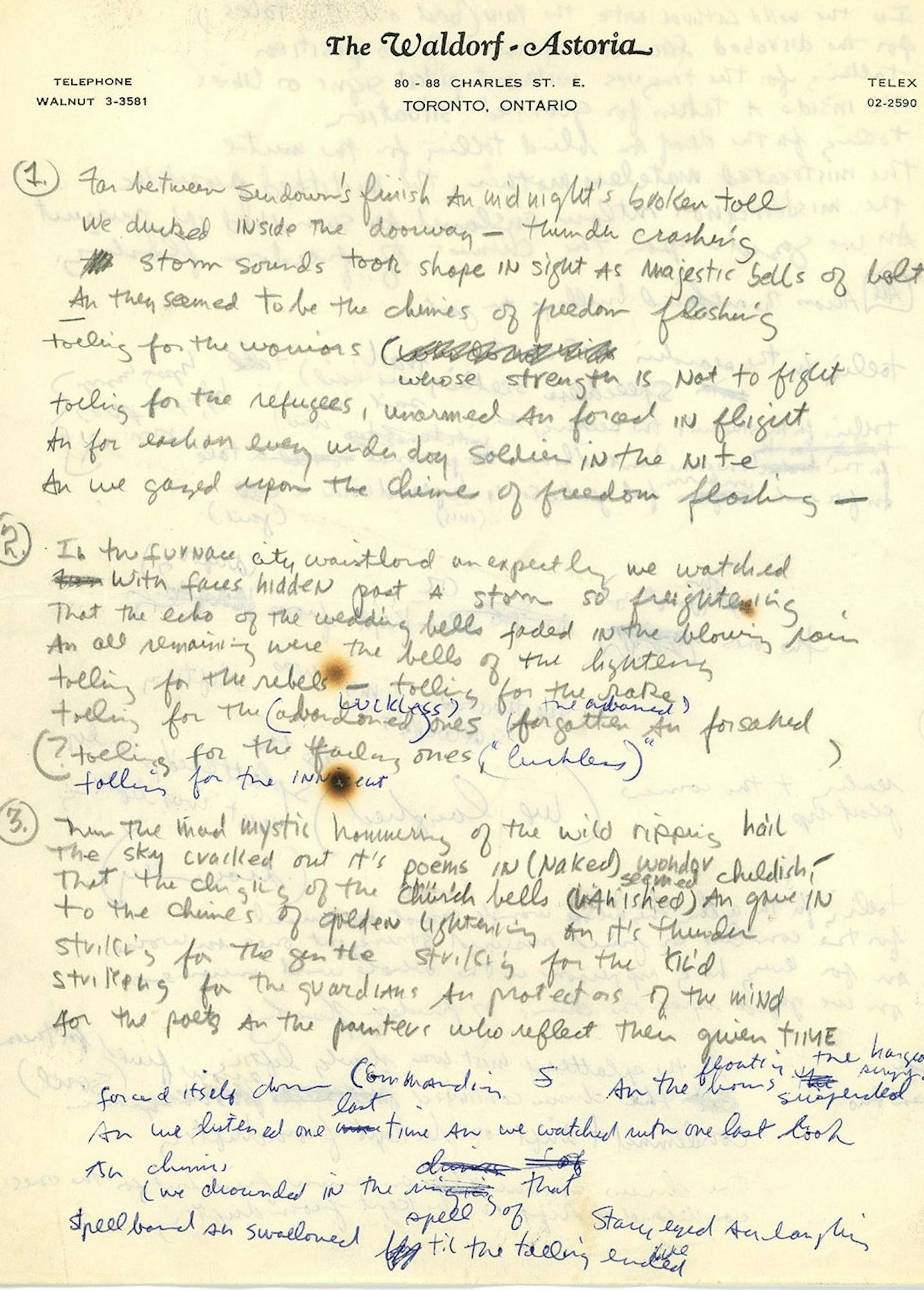 From the Dylan archives heading to Oklahoma, a sheet of lyrics for the song "Chimes of Freedom" handwritten in 1964 on hotel stationary, complete with cigarette burns.