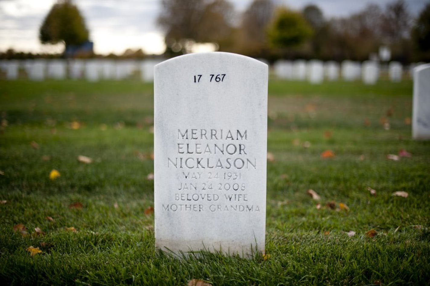 Gail Nicklason noticed that the black lettering was peeling off the letters on her mothers grave marker in fort. Snelling National Cemetery. October 4, 2012