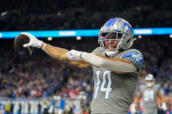 Second-year Lions receiver Amon-Ra St. Brown is averaging 74.7 yards against the Vikings.