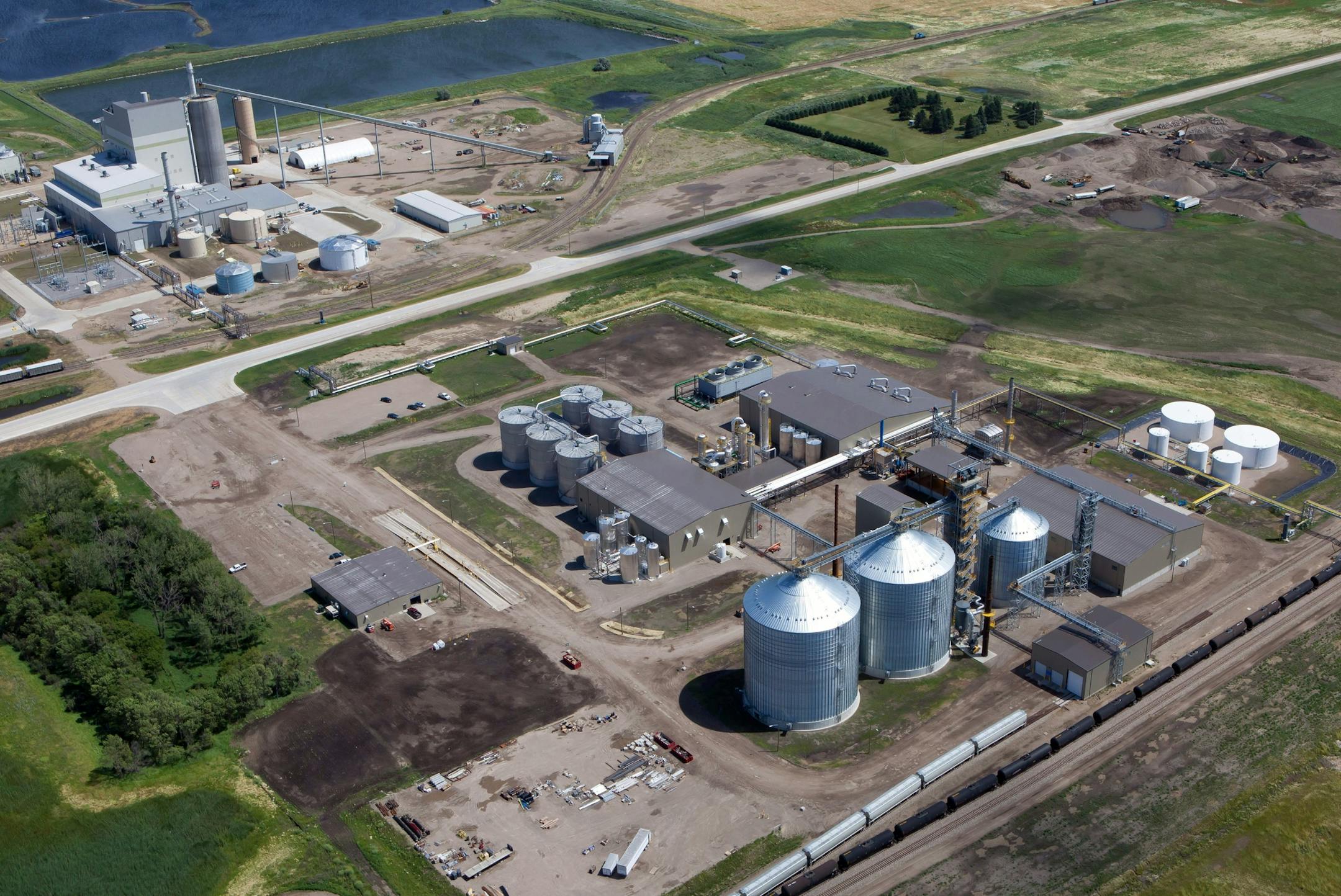 Dakota Spirit AgEnergy, a 65-million-gallon-per-year ethanol plant, foreground, gets its steam from the coal-fired Spiritwood Station, top left. Great River Energy, a Maple Grove-based cooperative electric company, owns the power plant and a majority share of the ethanol plant, which went into commercial production in July 2015. The ethanol plant and power plant are in Spiritwood, N.D., 12 miles east of Jamestown, N.D.