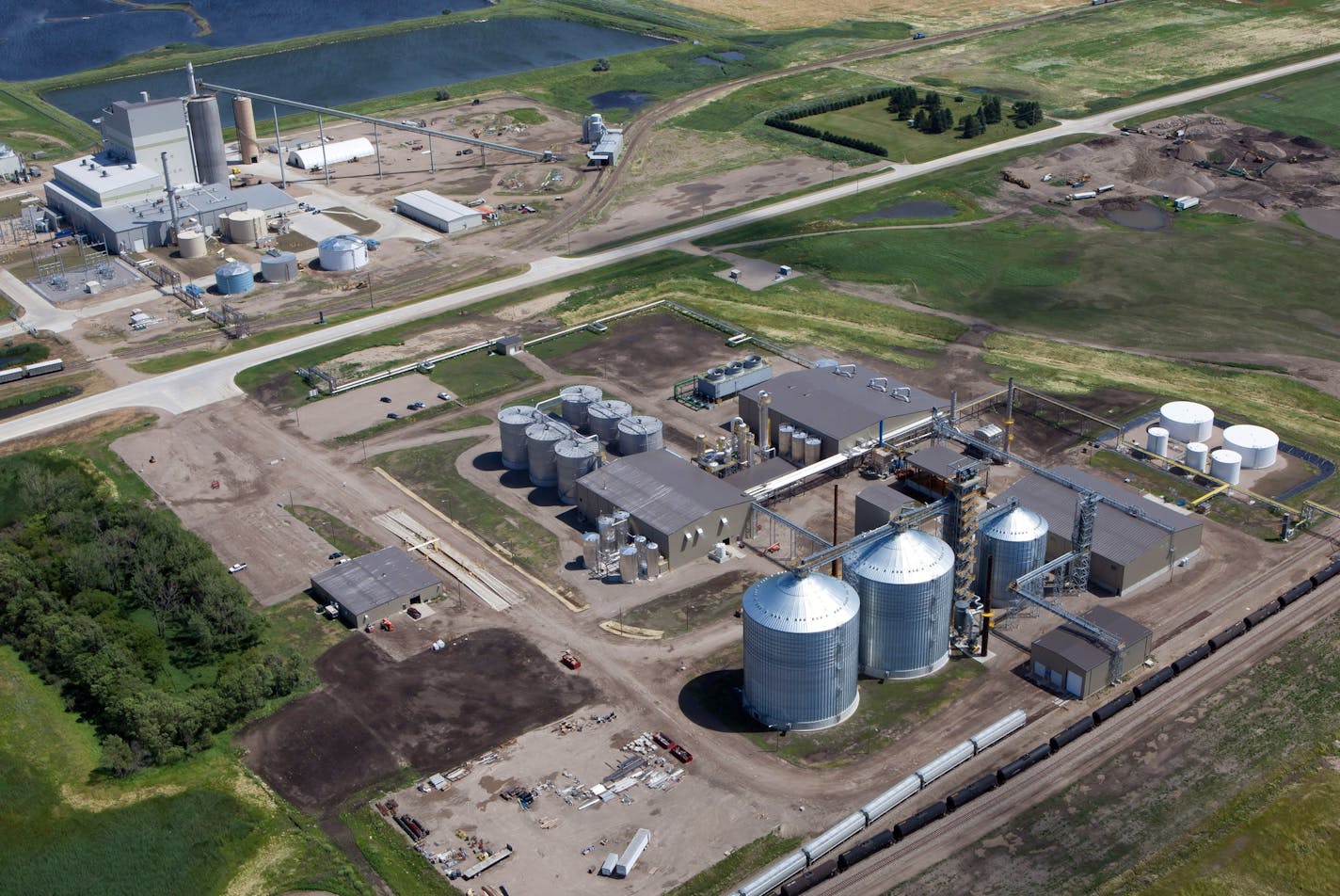 Dakota Spirit AgEnergy, a 65-million-gallon-per-year ethanol plant, foreground, gets its steam from the coal-fired Spiritwood Station, top left. Great River Energy, a Maple Grove-based cooperative electric company, owns the power plant and a majority share of the ethanol plant, which went into commercial production in July 2015. The ethanol plant and power plant are in Spiritwood, N.D., 12 miles east of Jamestown, N.D.