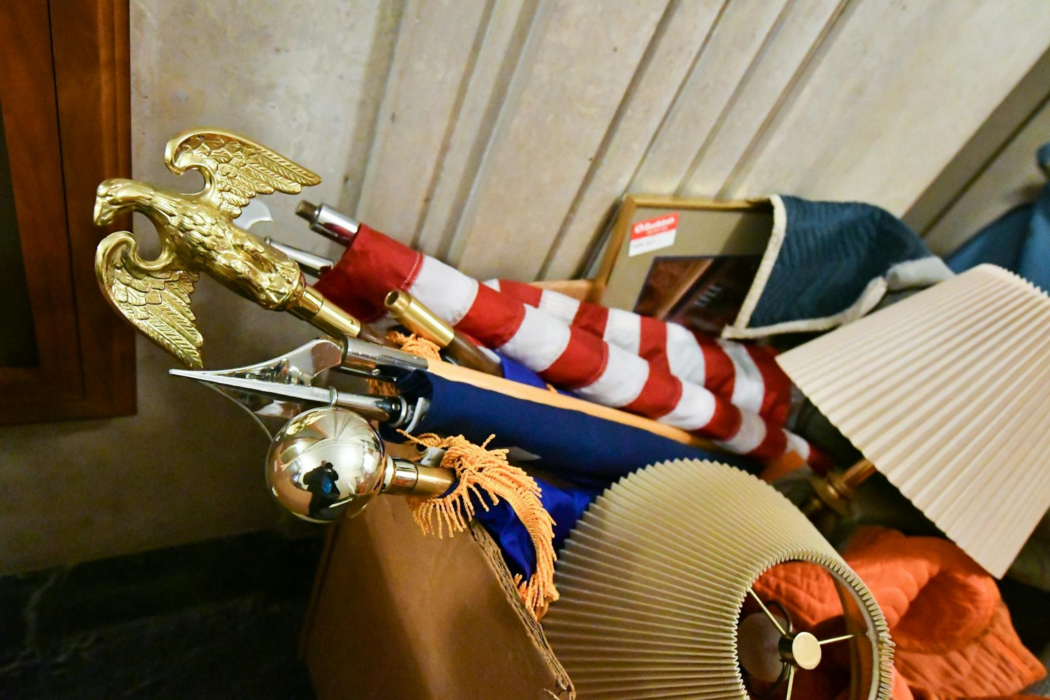 Flags and lamps bound for Senator Bill Ingebritson's new office.