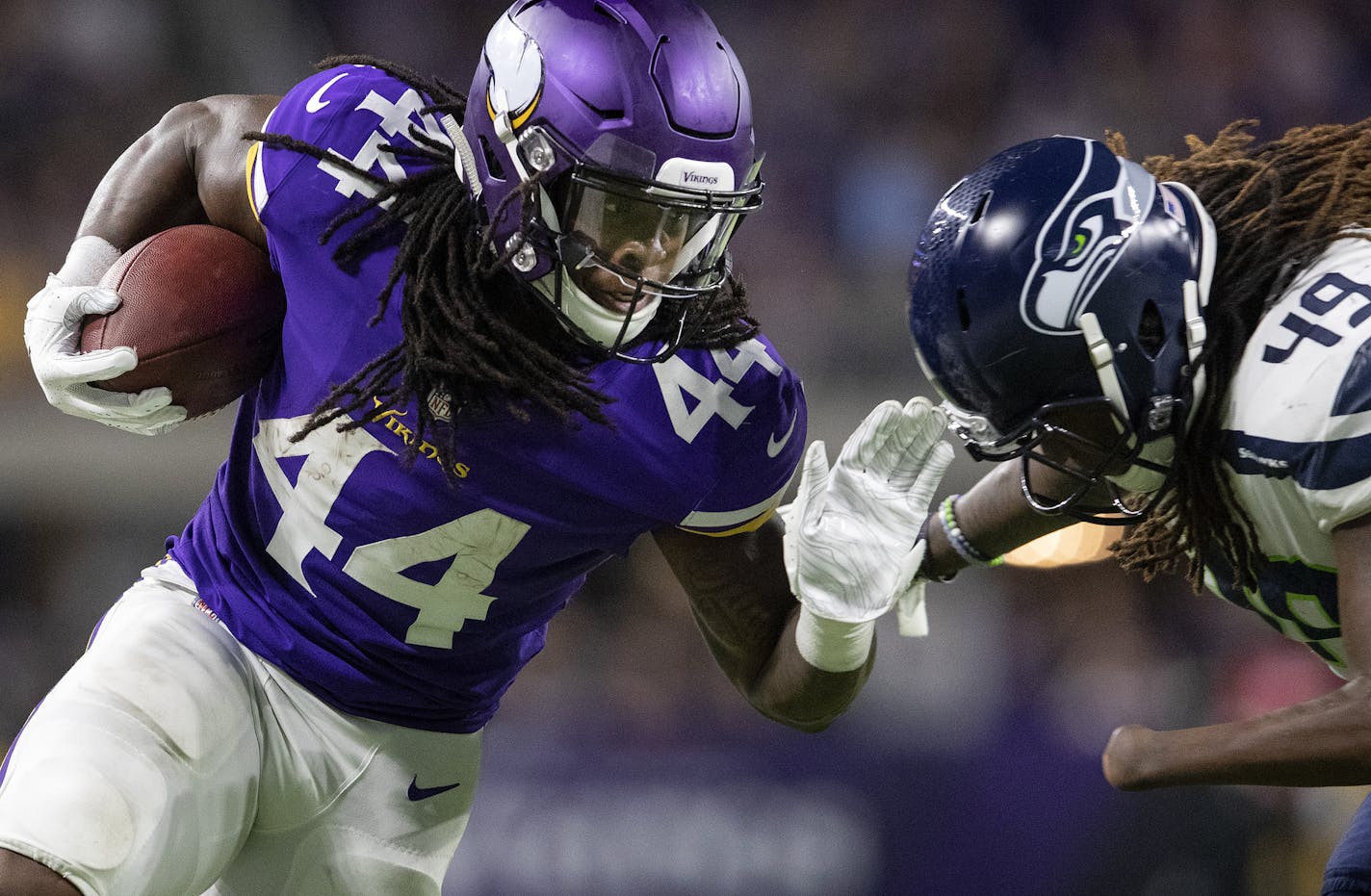 Minnesota Vikings running back Mike Boone (44) in the fourth quarter against the Seattle Seahawks in a preaseason game on Friday, Aug. 24, 2018, at US Bank Stadium in Minneapolis. The Vikings won, 21-20. (Carlos Gonzalez/Minneapolis Star Tribune/TNS) ORG XMIT: 1238975