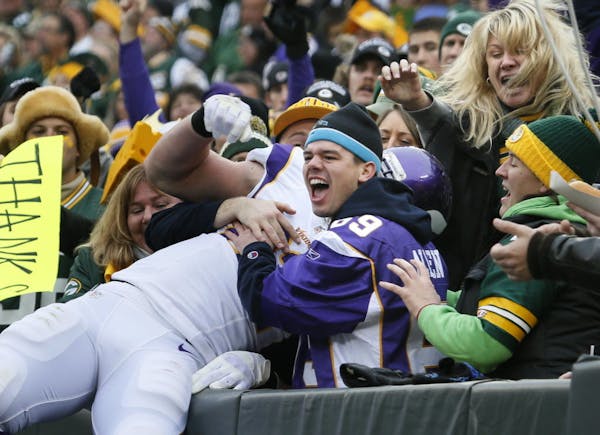 Kyle Rudolph did the Lambeau Leap after scoring against the Packers in Green Bay during the 2012 season.