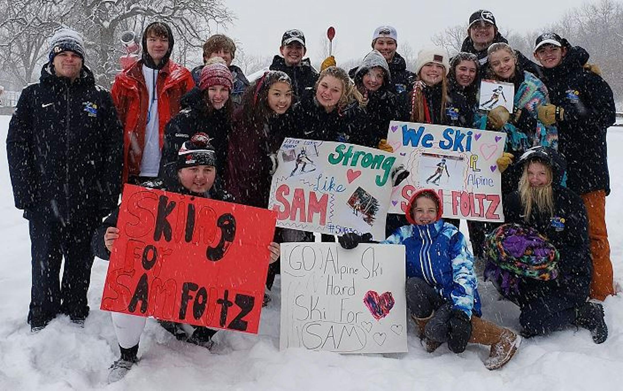 Skiers for Prior Lake High School showed their affection for Sam Foltz at Monday's meet.