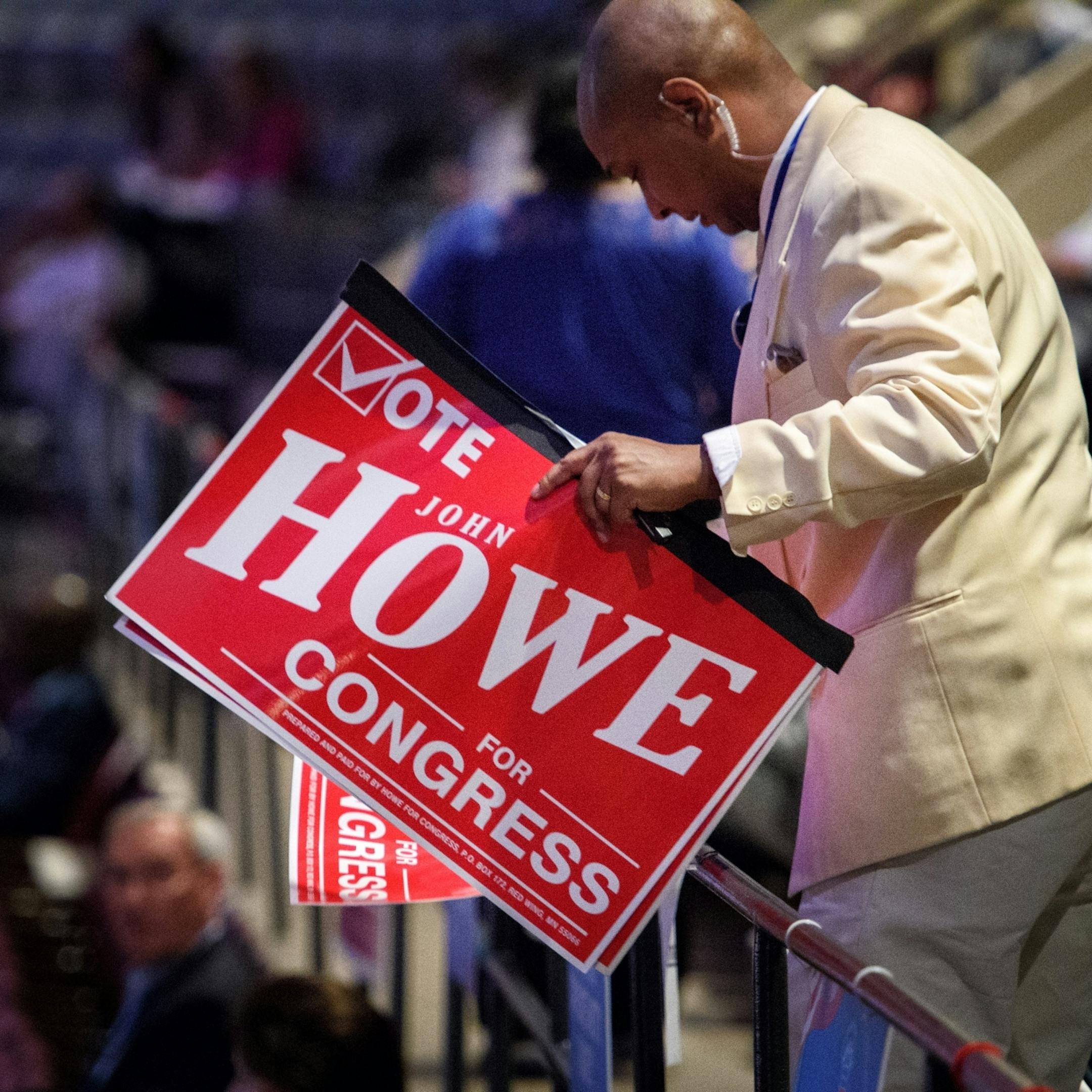 GOP convention Sergeant at Arms removed John Howe's campaign signs from the Duluth convention hall because he wasn't the endorsed candidate. The endorsed candidate is Dave Hughes in the 7th district.