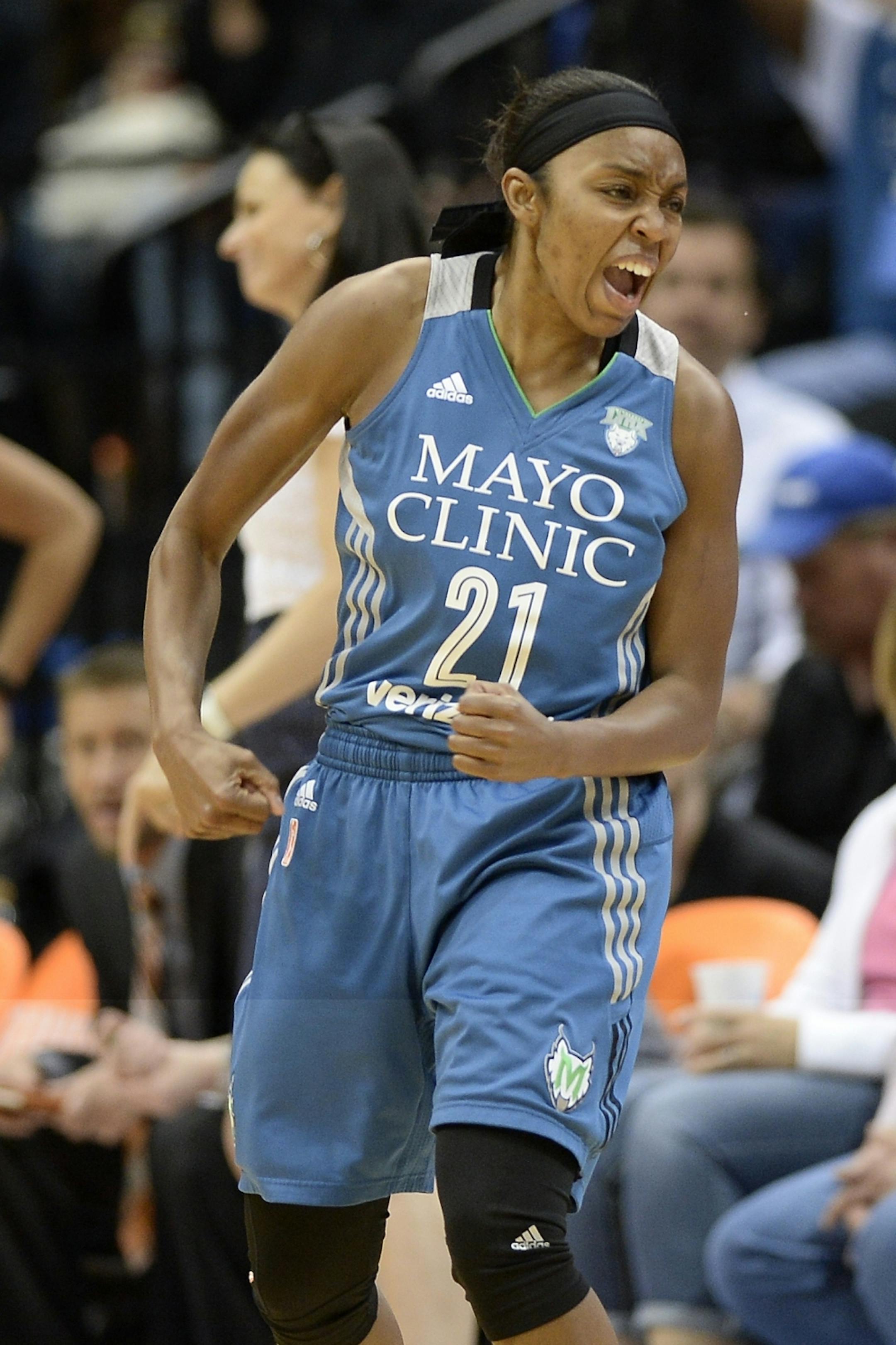 Minnesota Lynx guard Renee Montgomery (21) celebrated after hitting a 3-point shot in the second half against the Phoenix Mercury Tuesday night.