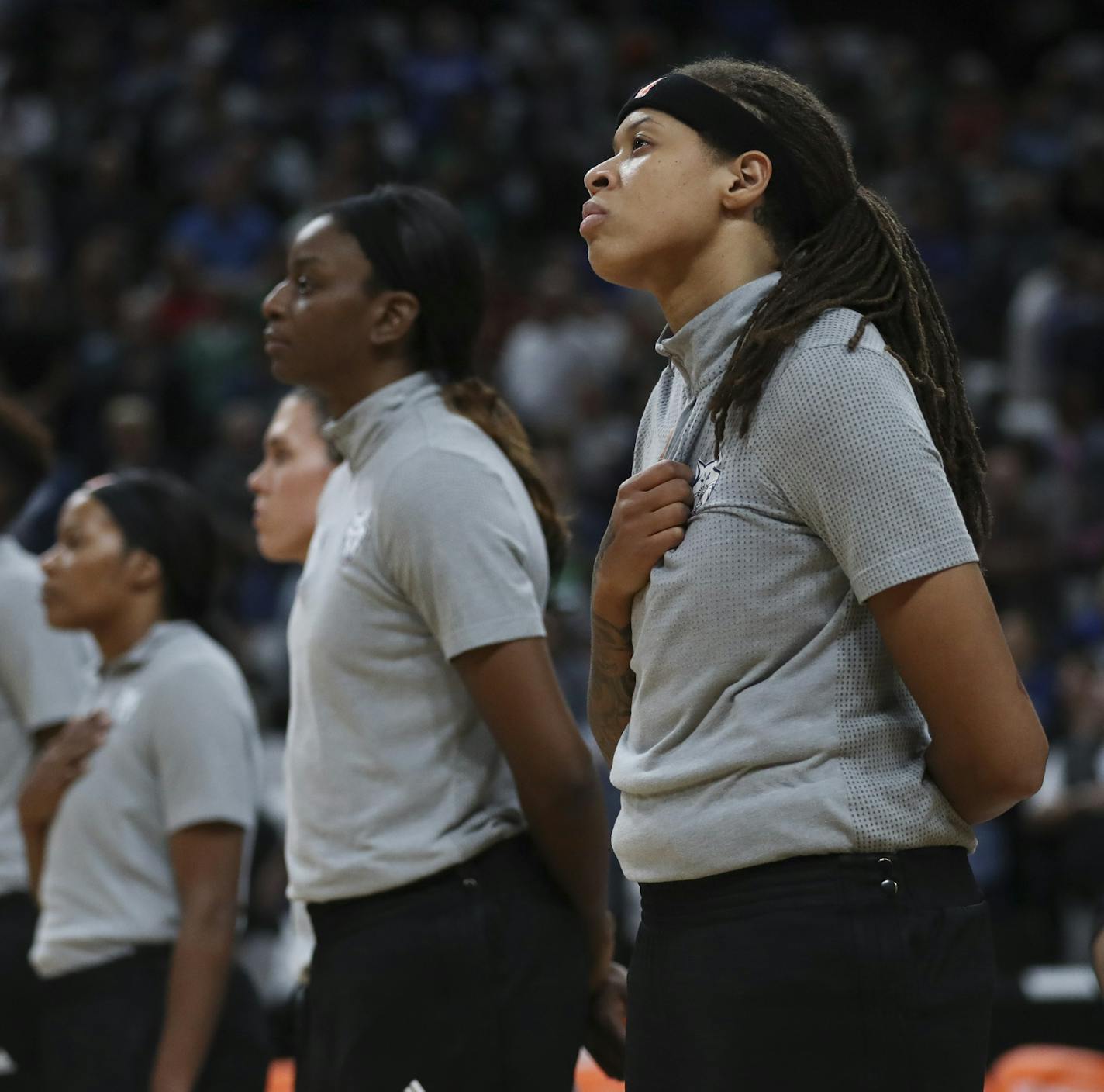 The Lynx players stood for the national anthem before their game with the Mercury. ] JEFF WHEELER &#xef; jeff.wheeler@startribune.com The Minnesota Lynx faced the Phoenix Mercury in Game 1 of their WNBA semi-final playoff series Wednesday night, September 28, 2016 at Xcel Energy Center in St. Paul.