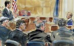 This courtroom sketch depicts Rick Gates, right, answering questions by prosecutor Greg Andres as he testifies in the trial of Paul Manafort, seated s
